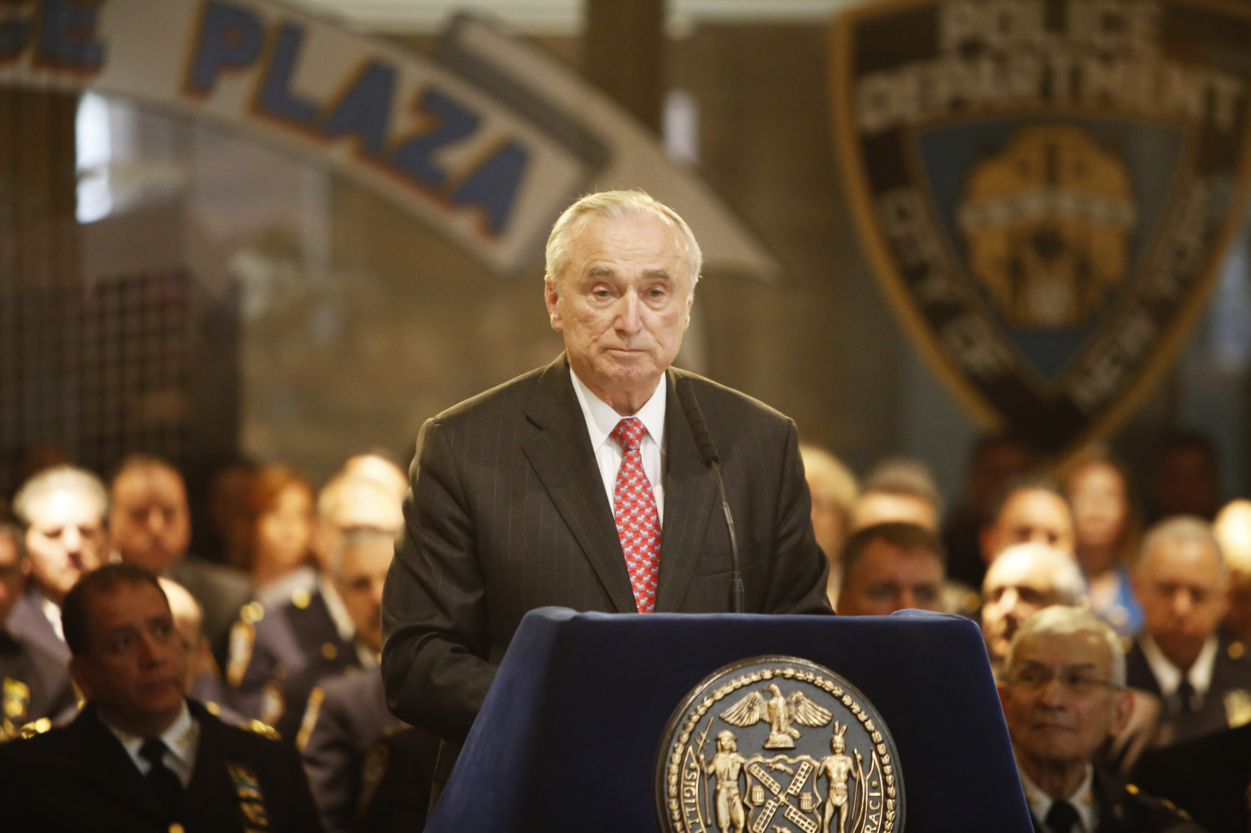NYC mayor Bill de Blasio and NYPD commissioner William Bratton presided over a solemn annual ceremony at One Police Plaza adding names to the NYPD's Memorial Wall of officers who have died in the line of duty or in duty-related circumstances in New York 