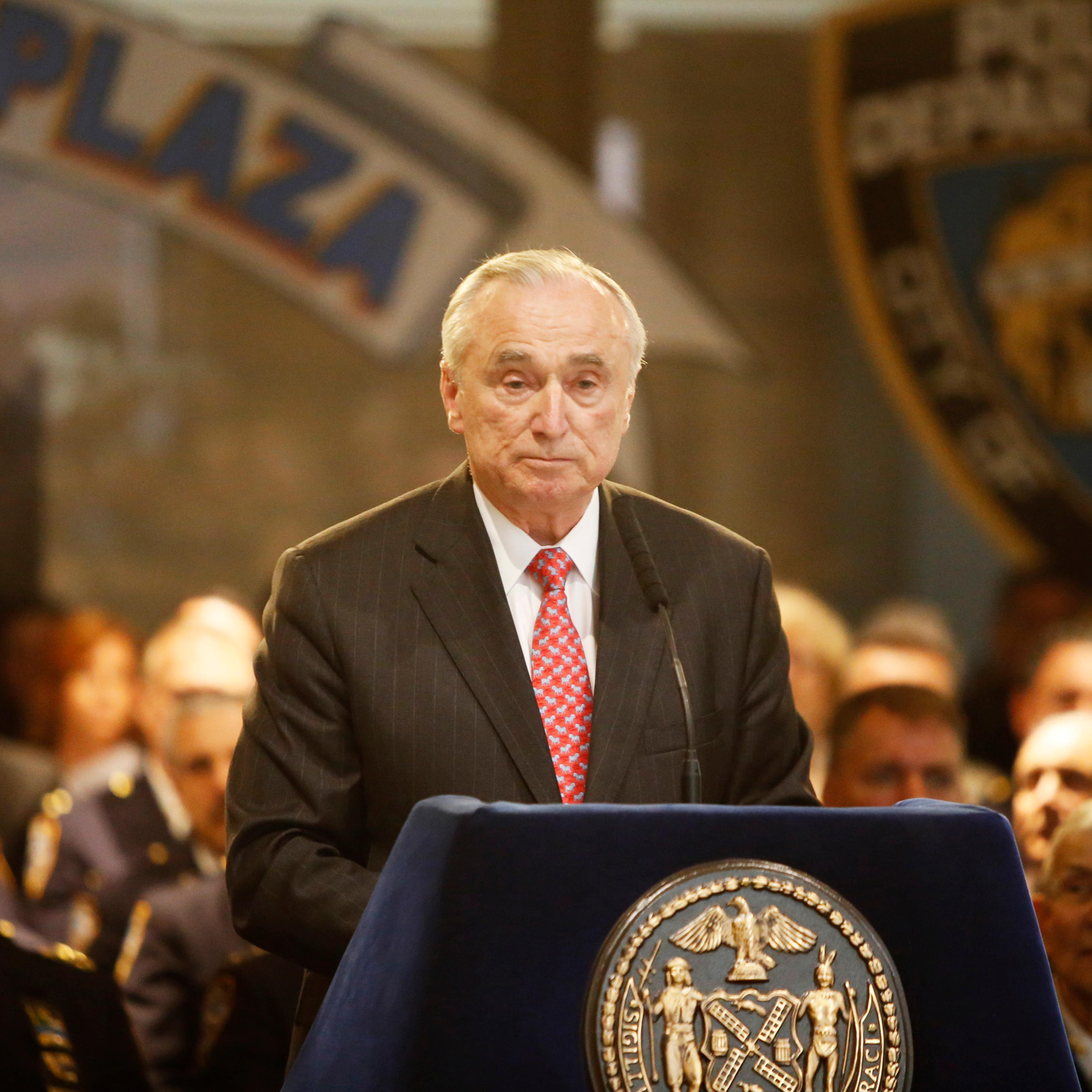 NYC mayor Bill de Blasio and NYPD commissioner William Bratton presided over a solemn annual ceremony at One Police Plaza adding names to the NYPD's Memorial Wall of officers who have died in the line of duty or in duty-related circumstances in New York