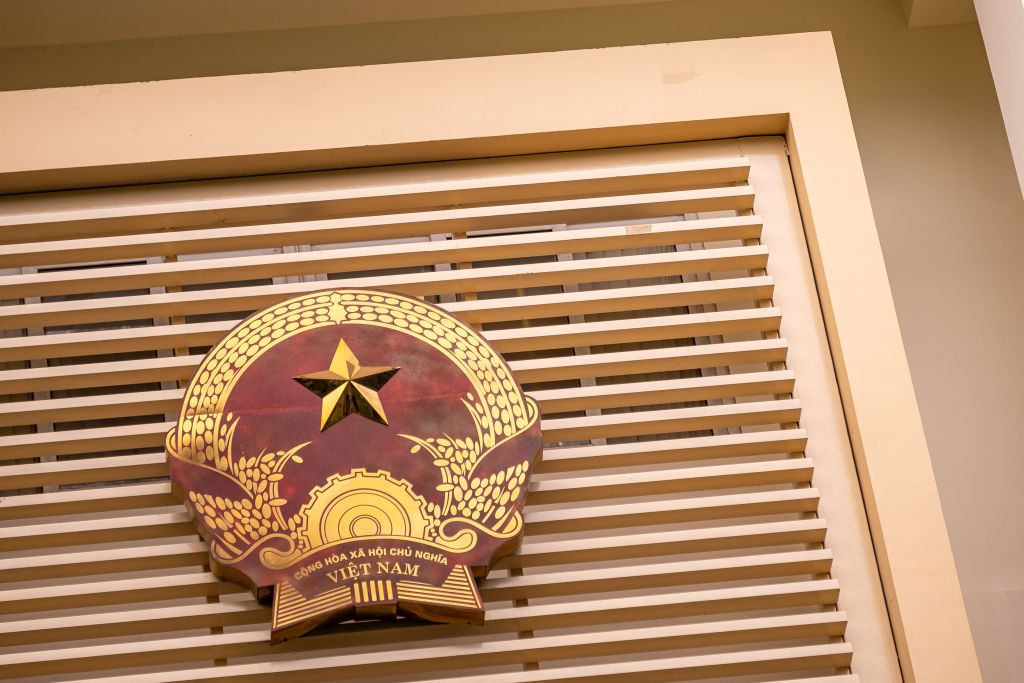 The national emblem of Vietnam at a goverment building in Hanoi, Vietnam, on May 14, 2024.