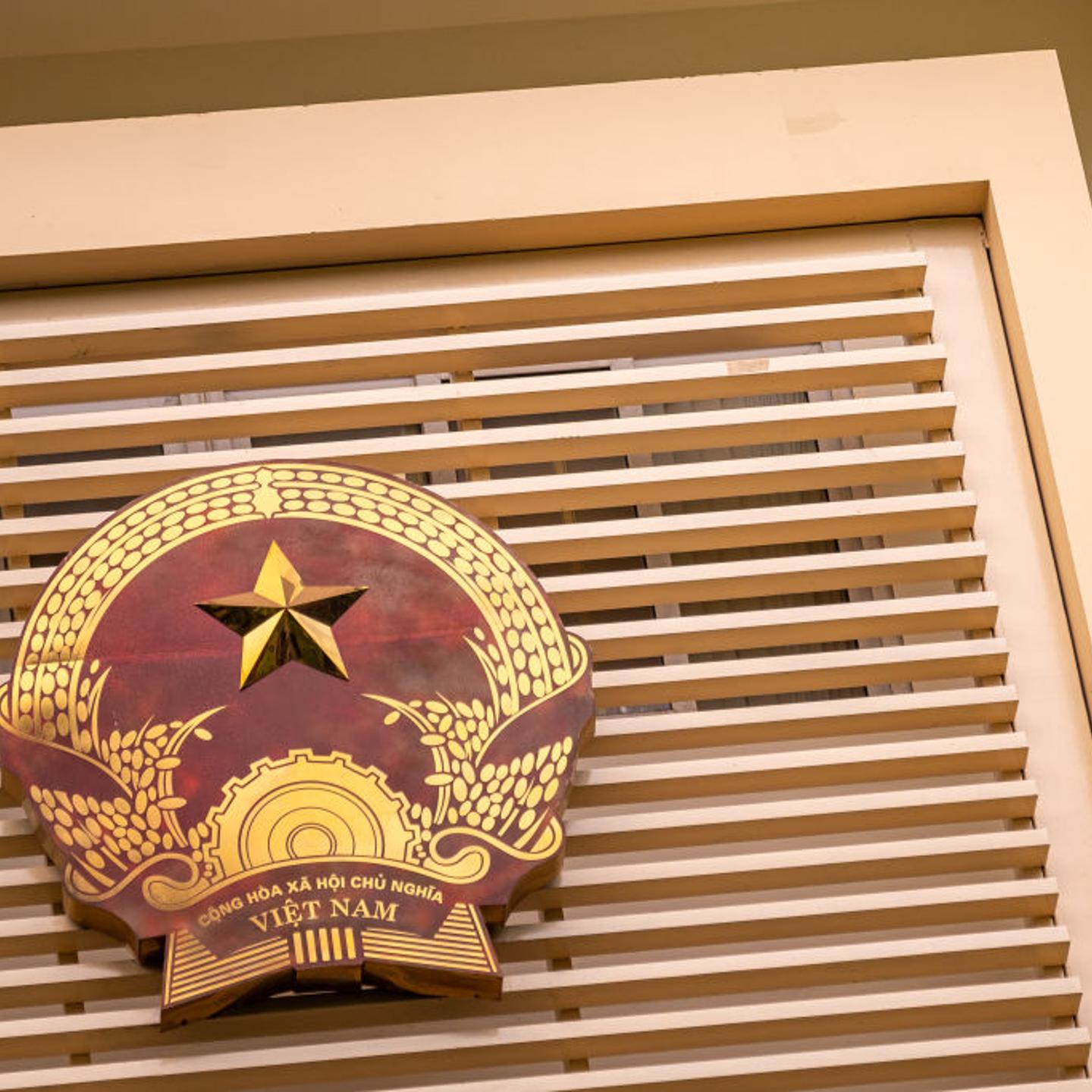 The national emblem of Vietnam at a goverment building in Hanoi, Vietnam, on May 14, 2024.
