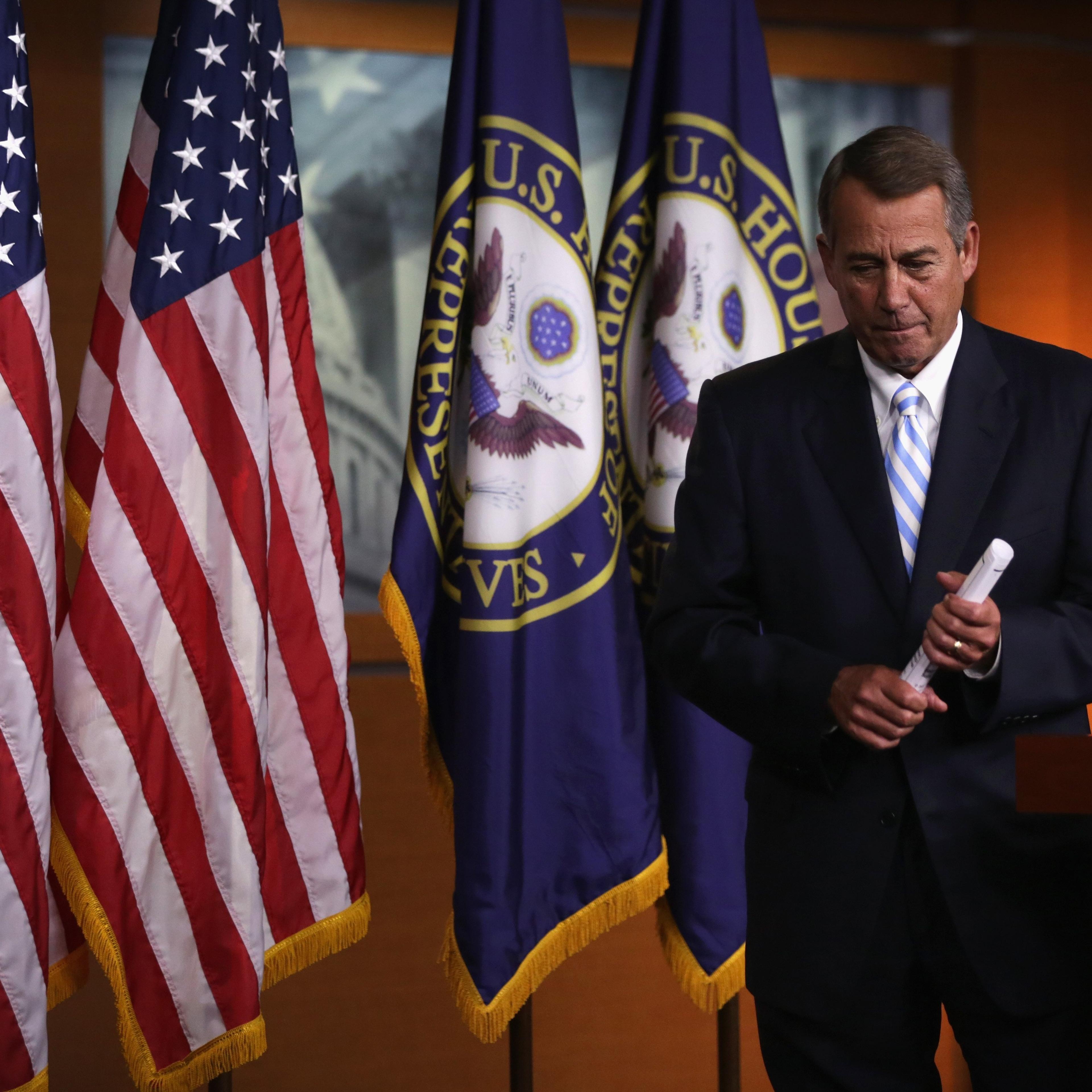 U.S. Speaker of the House Rep. John Boehner leaves after a press briefing July 31, 2014 on Capitol Hill in Washington.