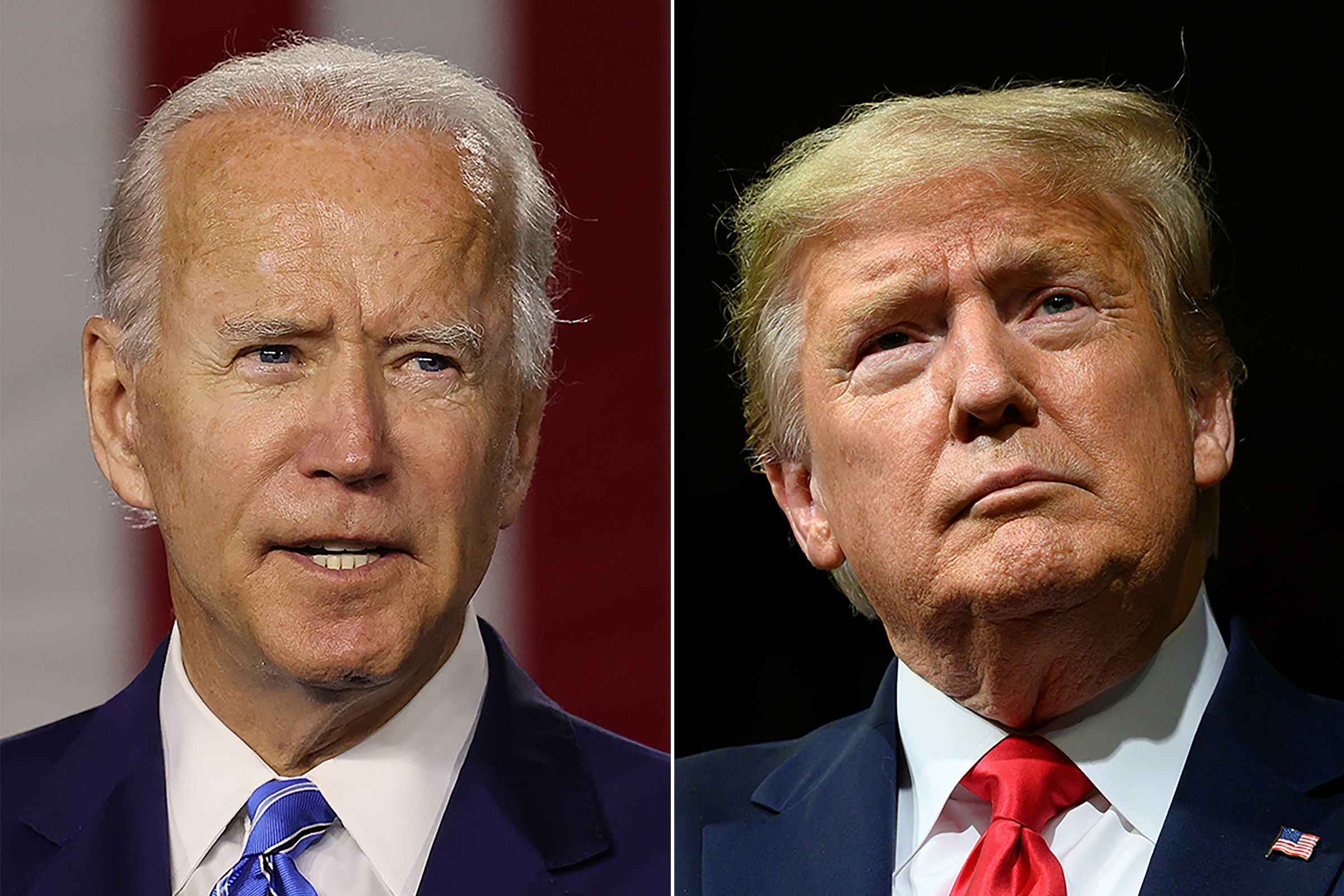 Vice President Joe Biden, left, speaks in Wilmington, Del., on July 14, 2020, and President Donald Trump speaks in Phoenix, Arizona, on February 19, 2020. 