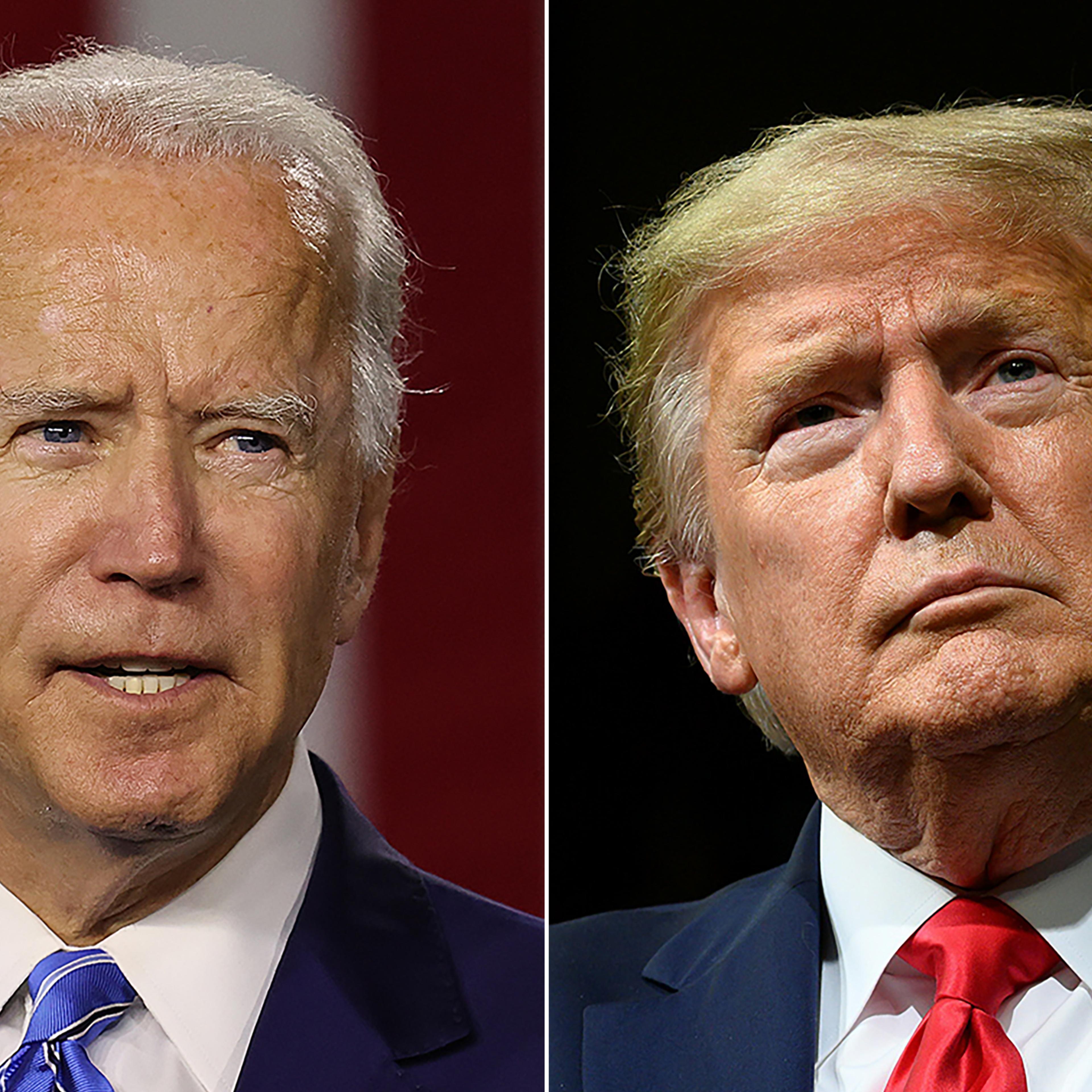 Vice President Joe Biden, left, speaks in Wilmington, Del., on July 14, 2020, and President Donald Trump speaks in Phoenix, Arizona, on February 19, 2020.