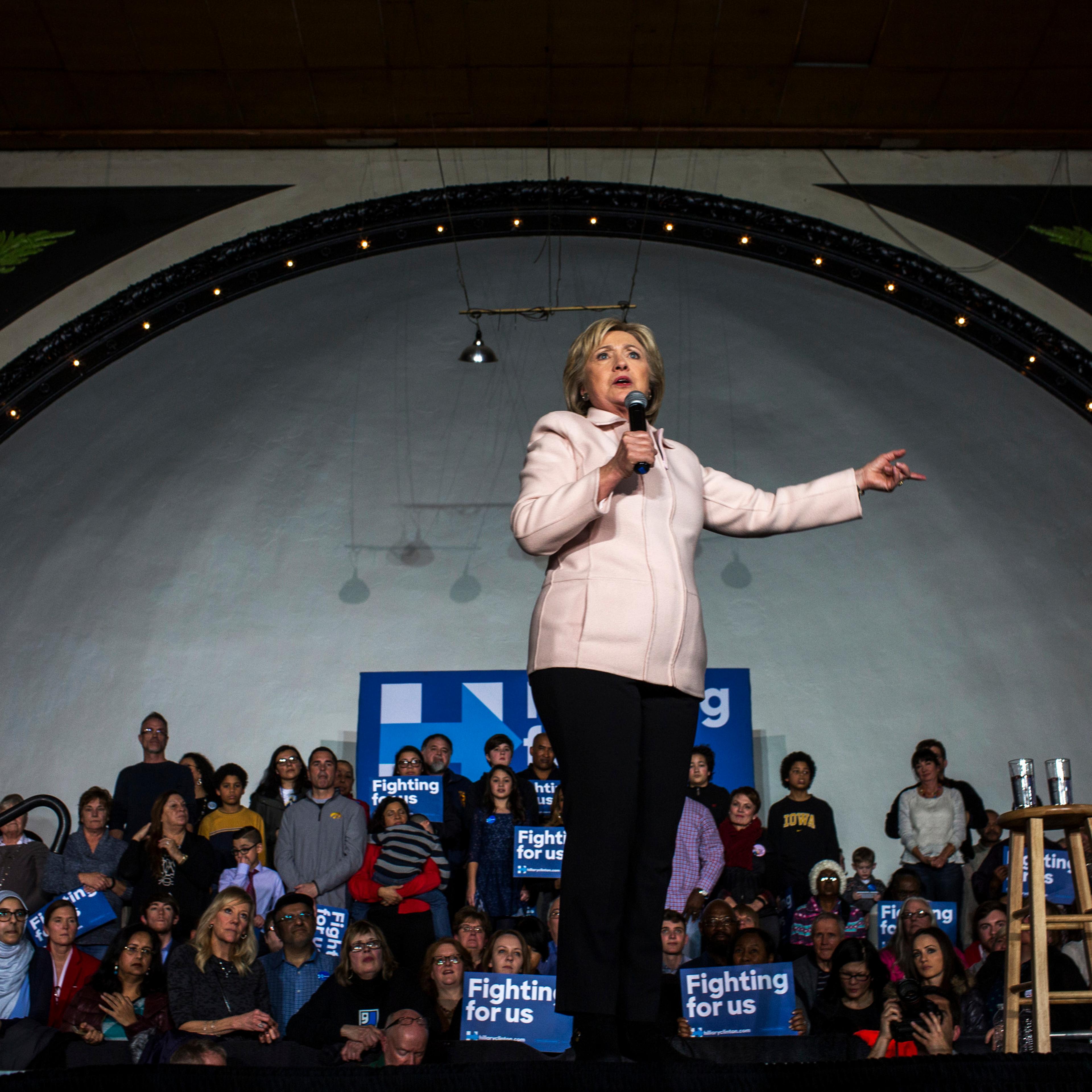 Hillary Clinton speaks during a campaign rally with husband Bill Clinton in Davenport, Iowa on Jan. 29, 2016.