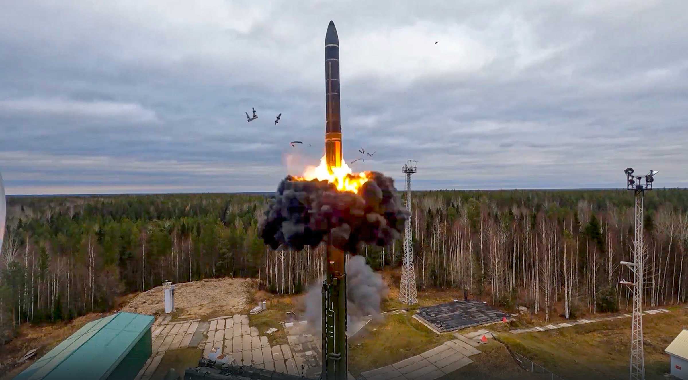 An intercontinental ballistic missile is fired from a launch site in northwest Russia as part of nuclear drills on Oct. 26, 2022.