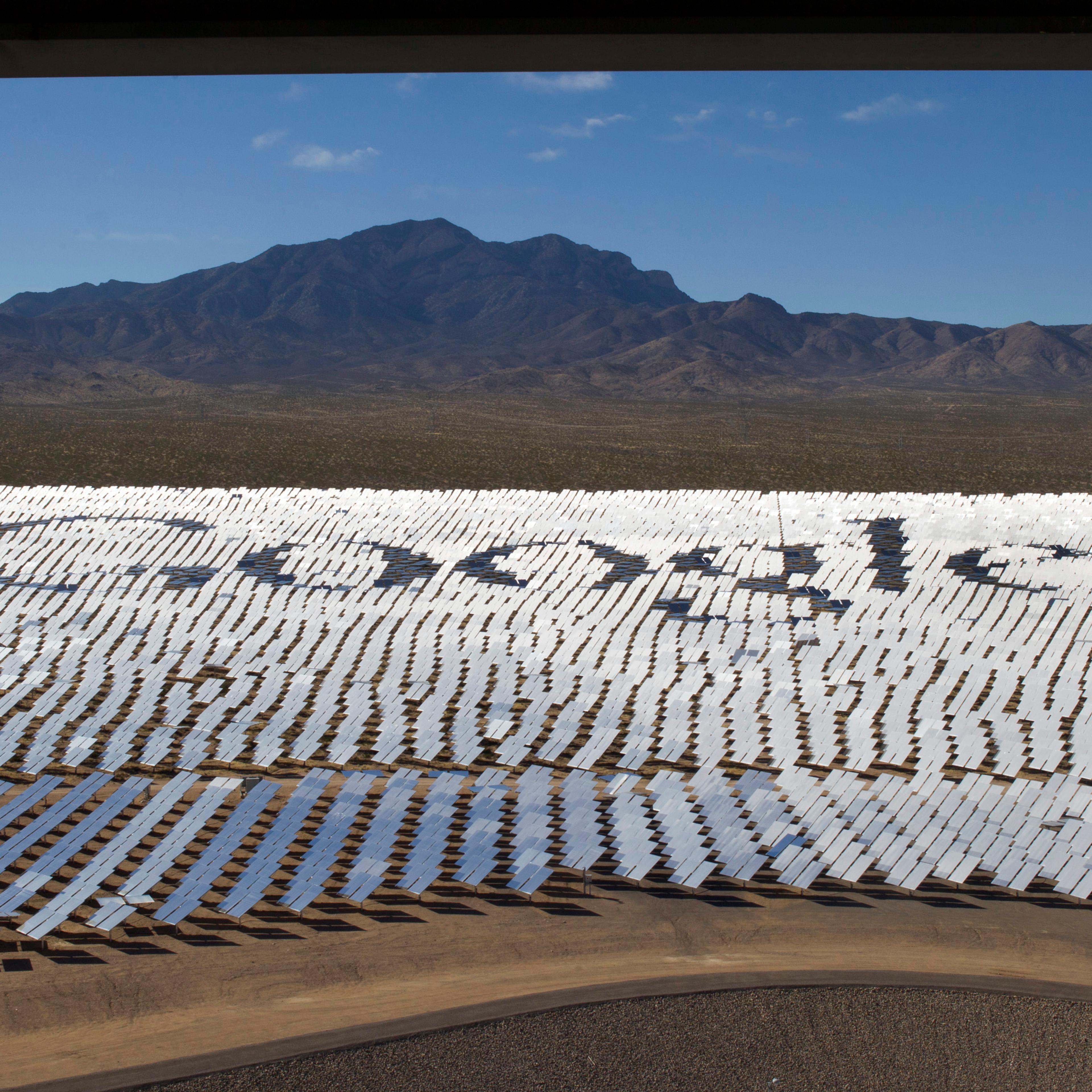 The Google logo is spelled out in heliostats during a tour of the Ivanpah Solar Electric Generating System in the Mojave Desert near the California-Nevada border