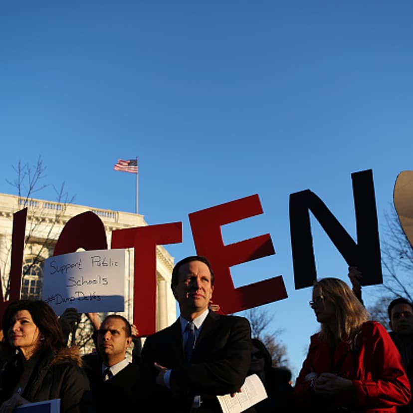 Protestors demonstrate against President Trump's nominee for secretary of education, Betsy DeVos, on Capitol Hill on February 6, 2017 in Washington, DC.