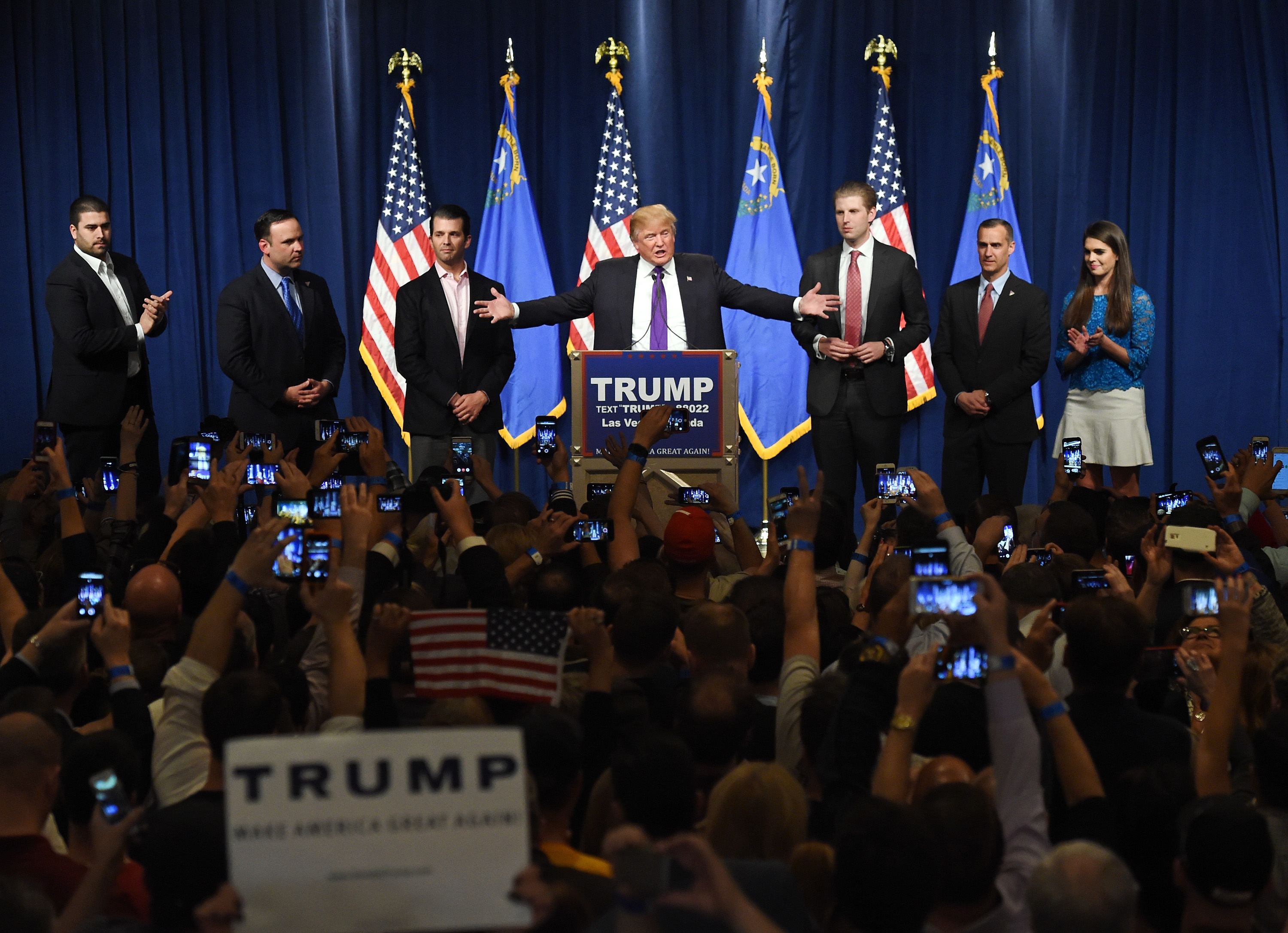 Republican presidential candidate Donald Trump speaks at a caucus night watch party at the Treasure Island Hotel & Casino on February 23, 2016 in Las Vegas, Nevada. The New York businessman won his third state victory in a row in the "first in the West" 