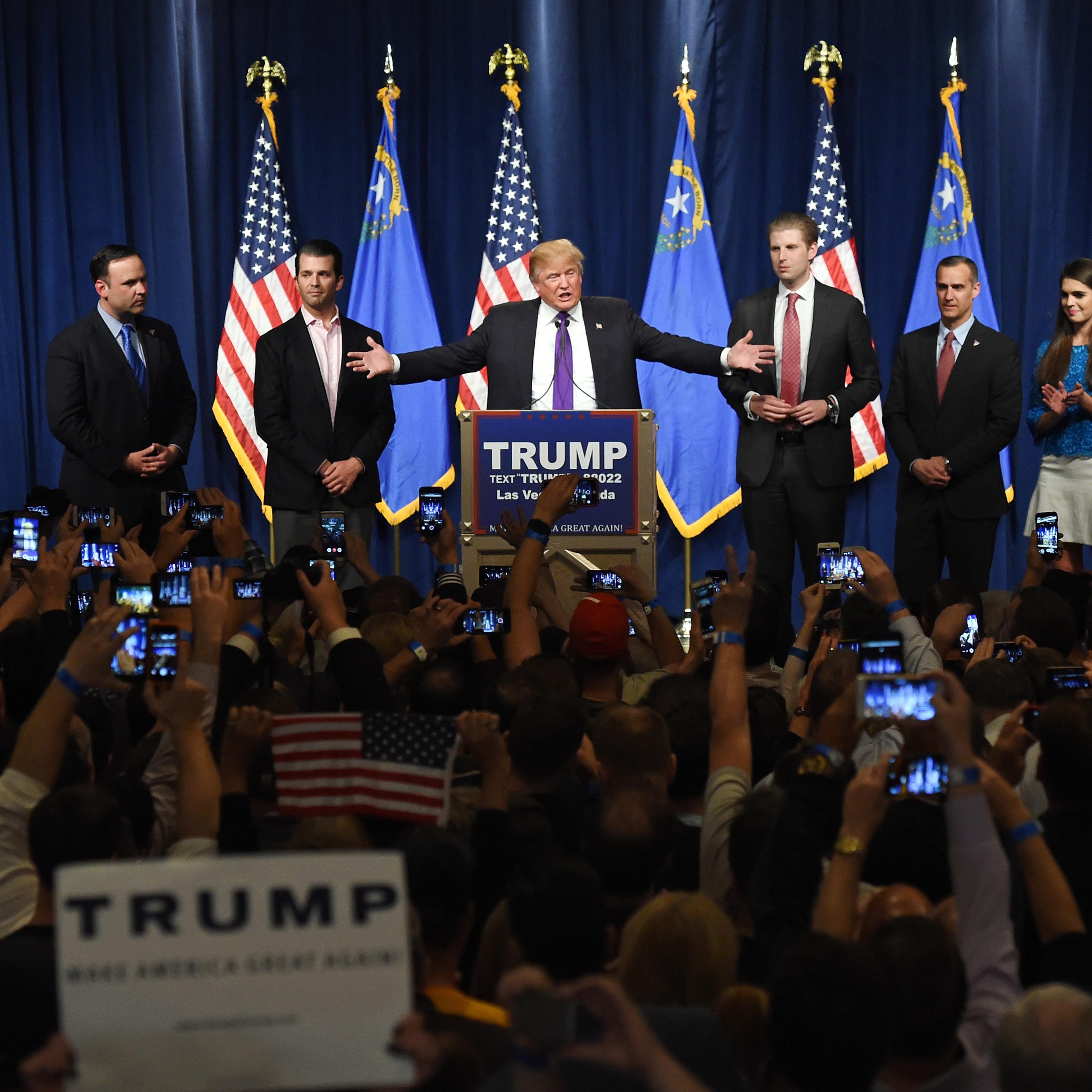 Republican presidential candidate Donald Trump speaks at a caucus night watch party at the Treasure Island Hotel & Casino on February 23, 2016 in Las Vegas, Nevada. The New York businessman won his third state victory in a row in the "first in the West"