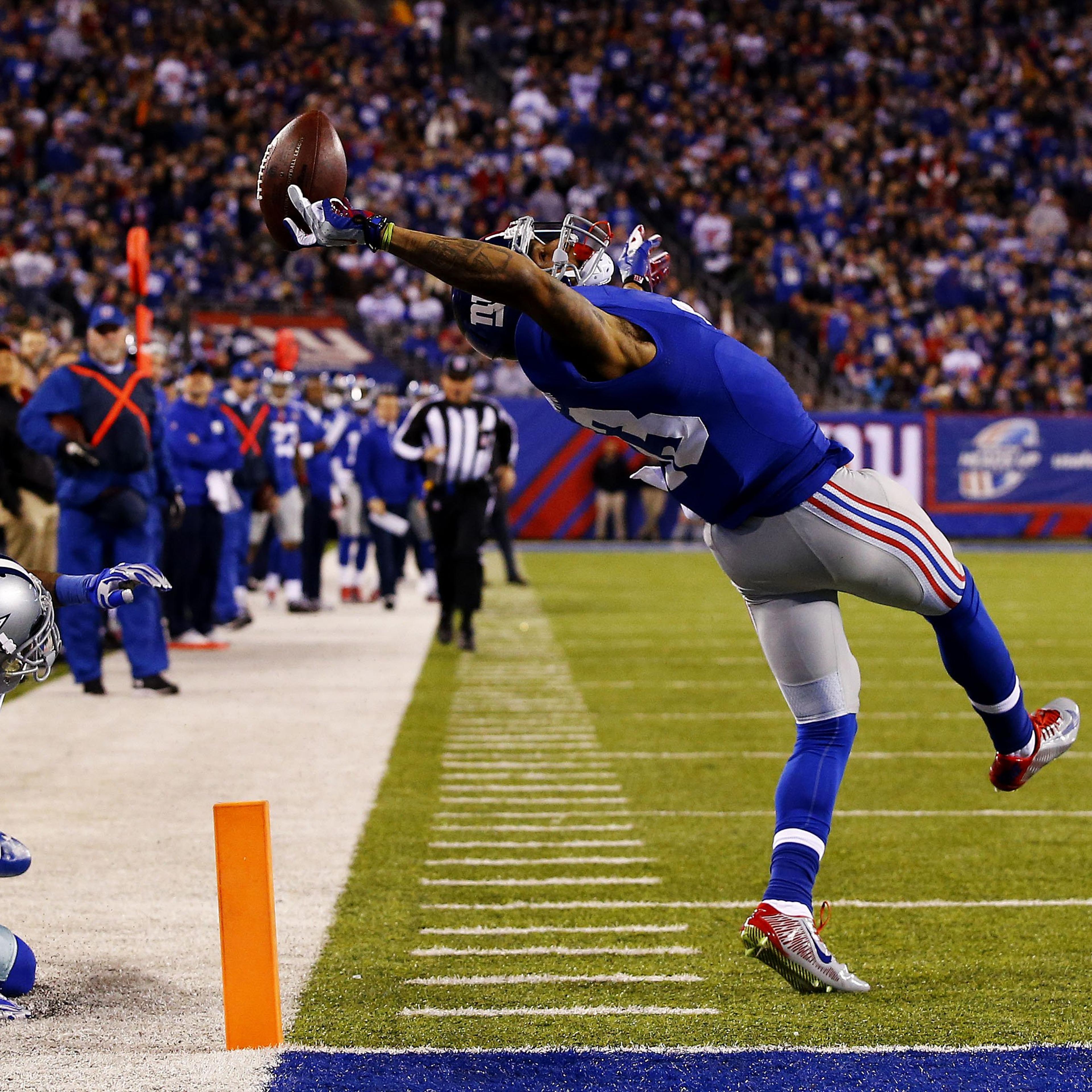 Odell Beckham #13 of the New York Giants scores a touchdown in the second quarter against the Dallas Cowboys at MetLife Stadium on Nov. 23, 2014 in East Rutherford, N.J.