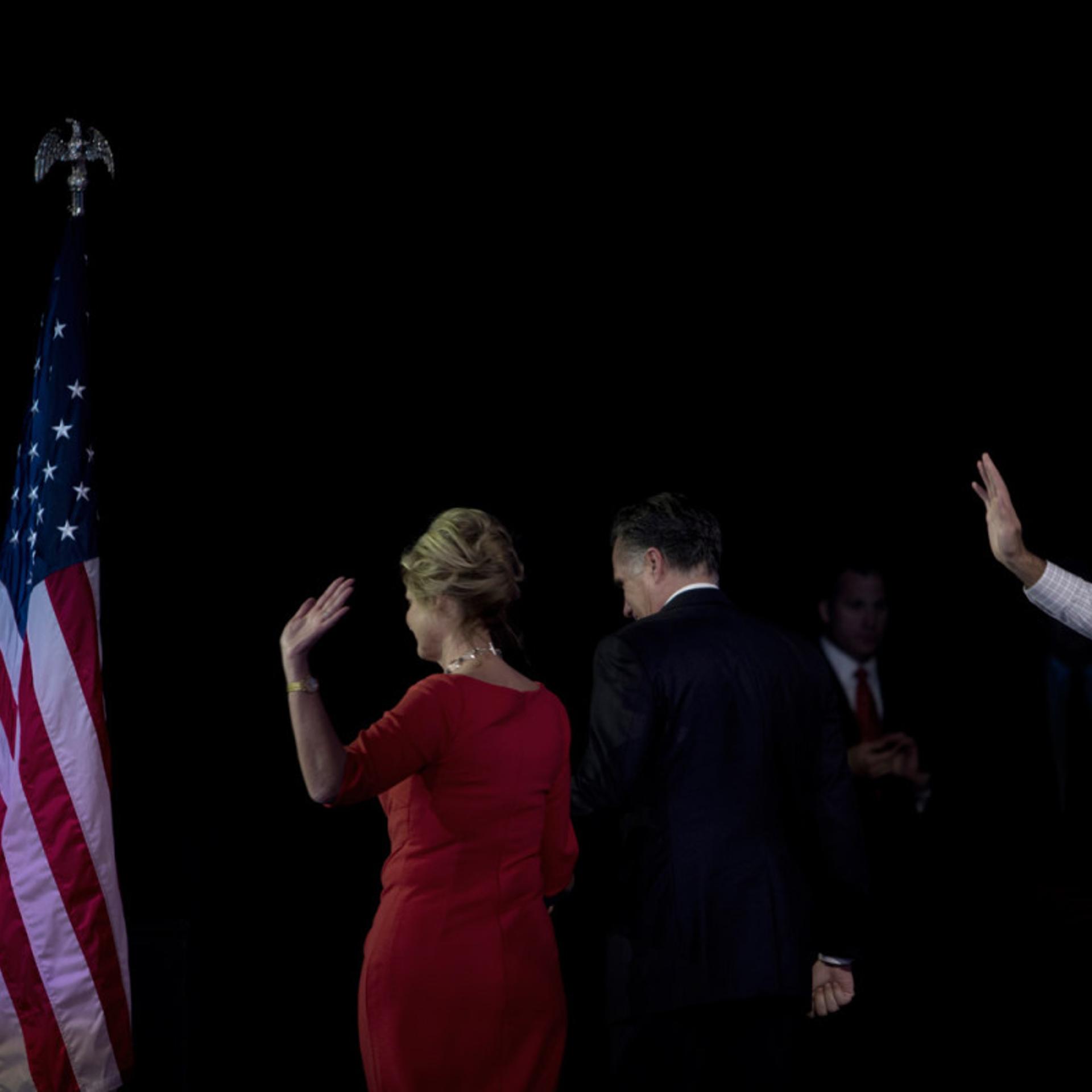 Nov. 7, 2012. Ann Romney and Mitt Romney leave the stage of the Boston Convention Center after his concession speech.