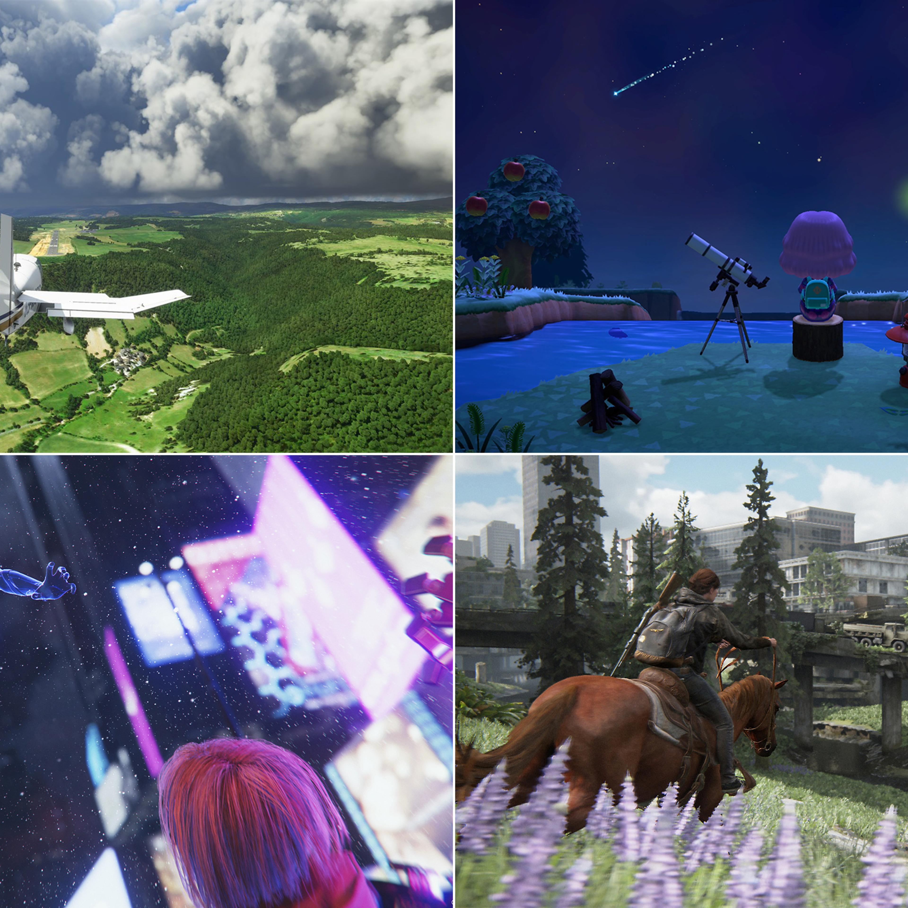 Clockwise from top left: Microsoft Flight Simulator; Animal Crossing; The Last of Us Part II; Spider Man: Miles Morales