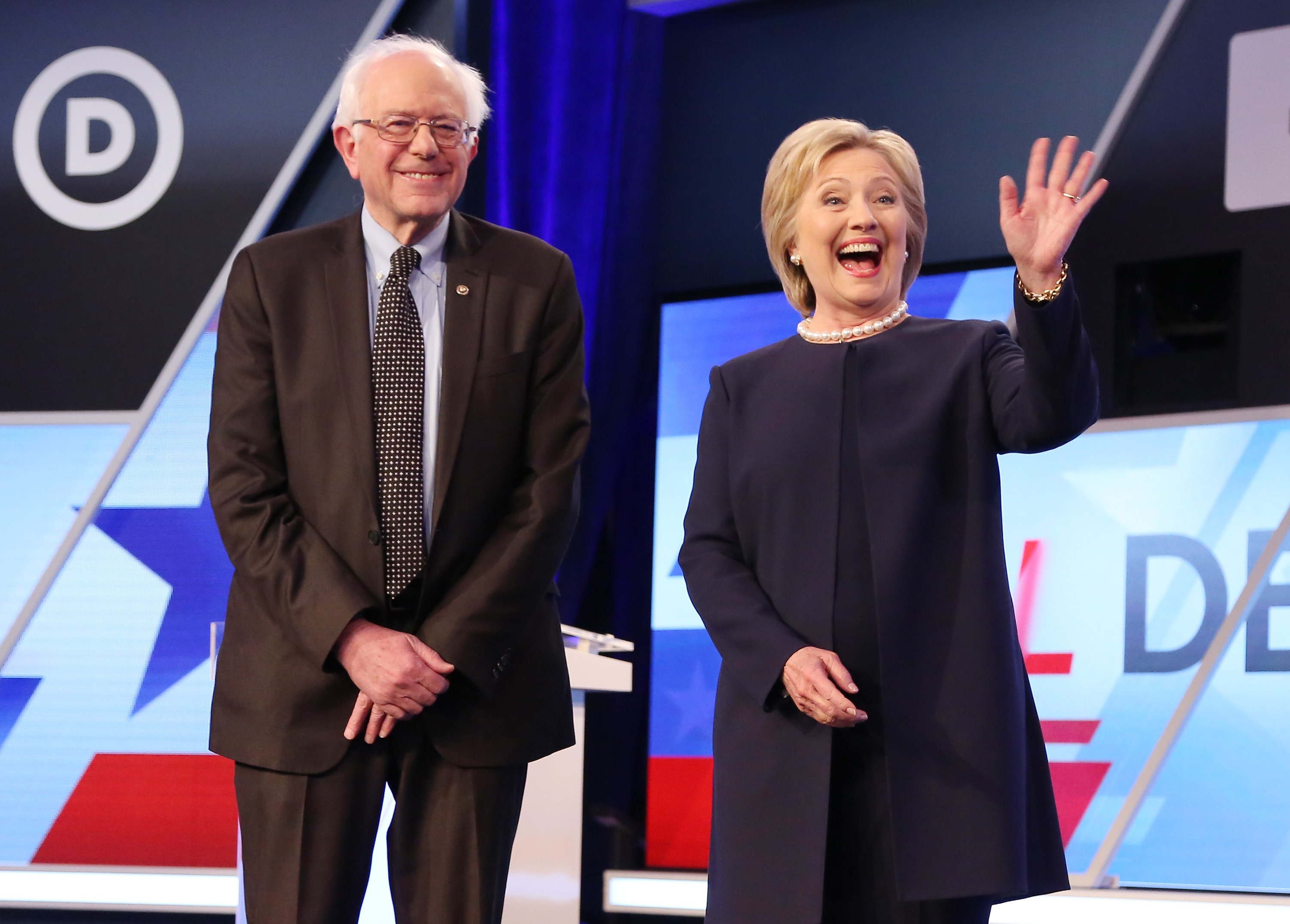 Democratic presidential candidates Senator Bernie Sanders and Hillary Clinton are seen before the Univision News and Washington Post Democratic Presidential Primary Debate on the Miami Dade College Kendall Campus in Miami on Mar. 9, 2016. 