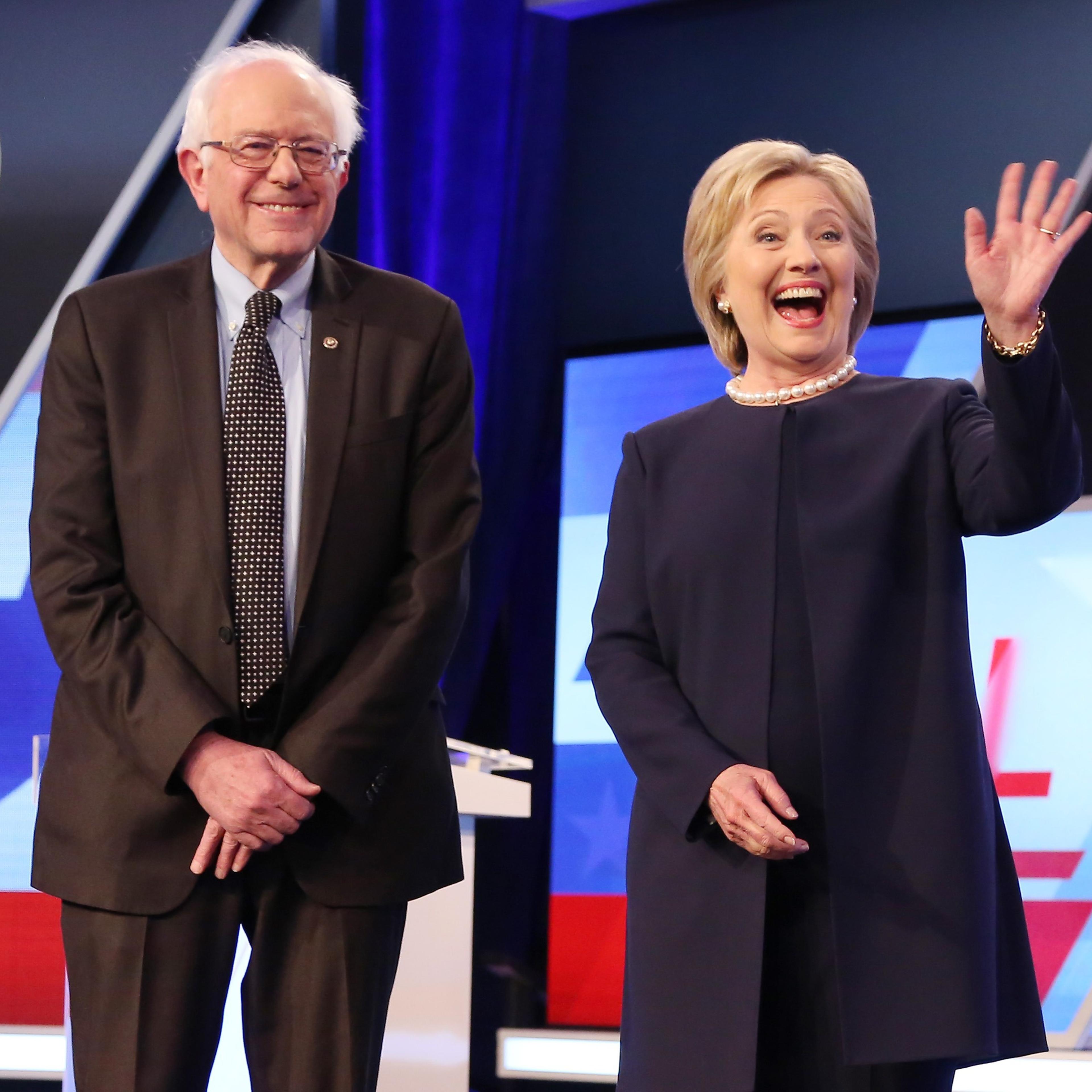 Democratic presidential candidates Senator Bernie Sanders and Hillary Clinton are seen before the Univision News and Washington Post Democratic Presidential Primary Debate on the Miami Dade College Kendall Campus in Miami on Mar. 9, 2016.