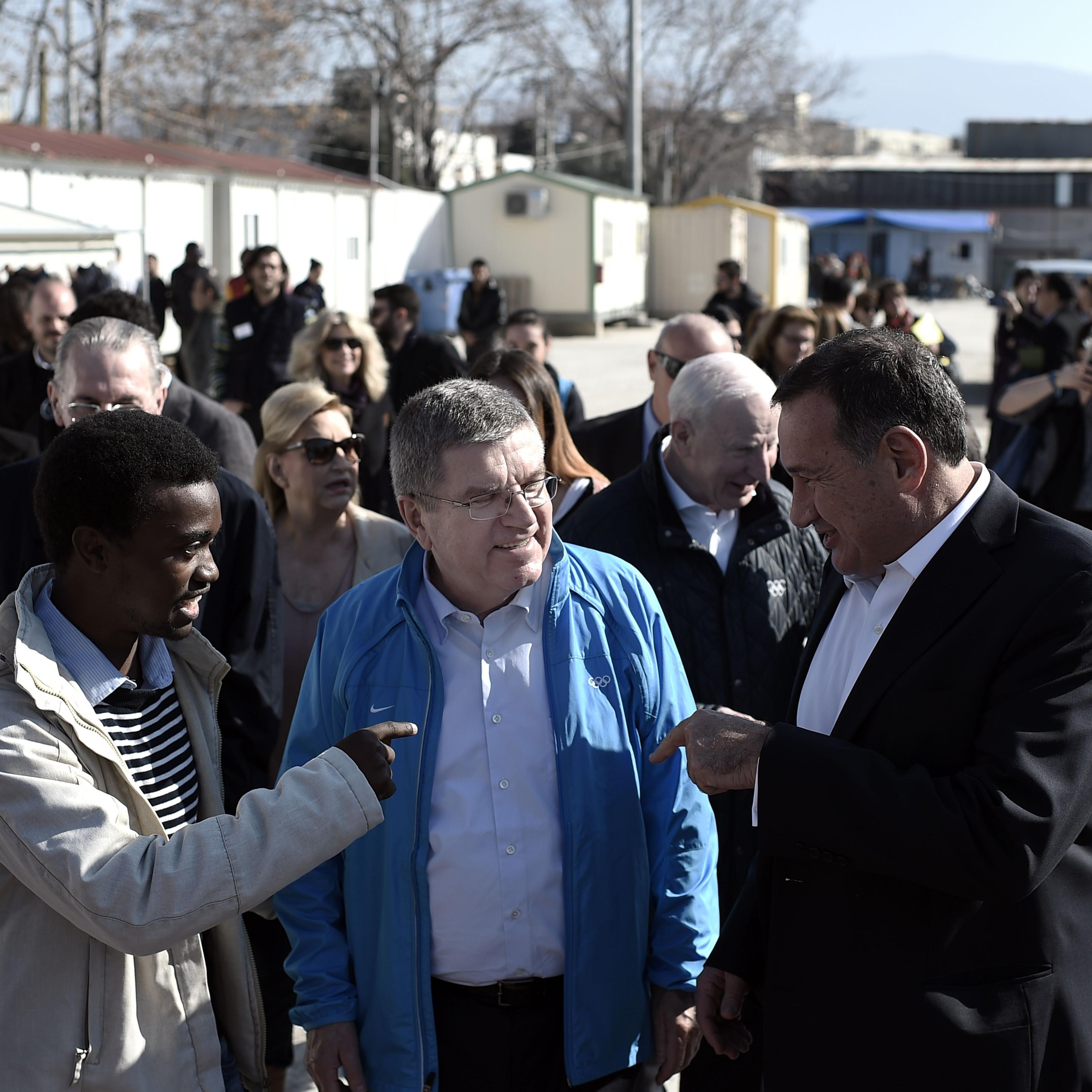 IOC President Thomas Bach at the Athens, Greece, Elaionas camp for migrants and refugees, Jan. 28, 2016.