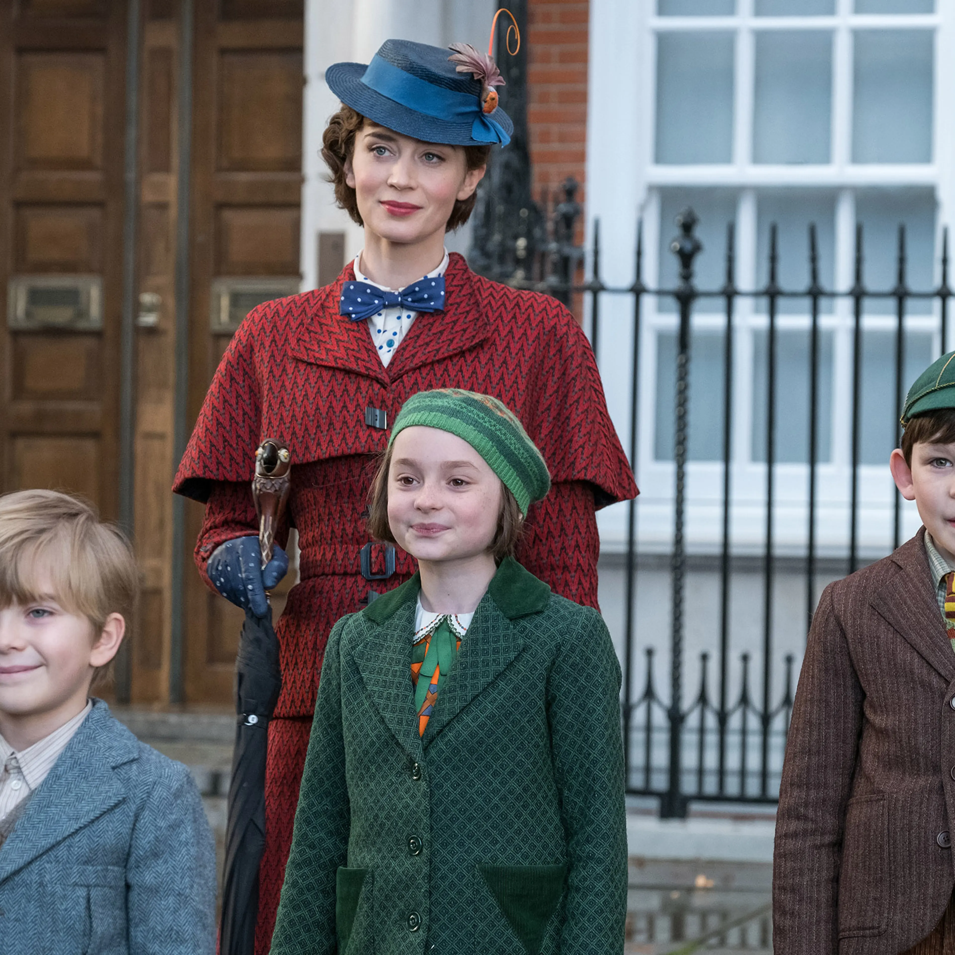 Emily Blunt as Mary Poppins, Joel Dawson as Georgie, Pixie Davies as Annabel and Nathanael Saleh as John in 'Mary Poppins Returns".
