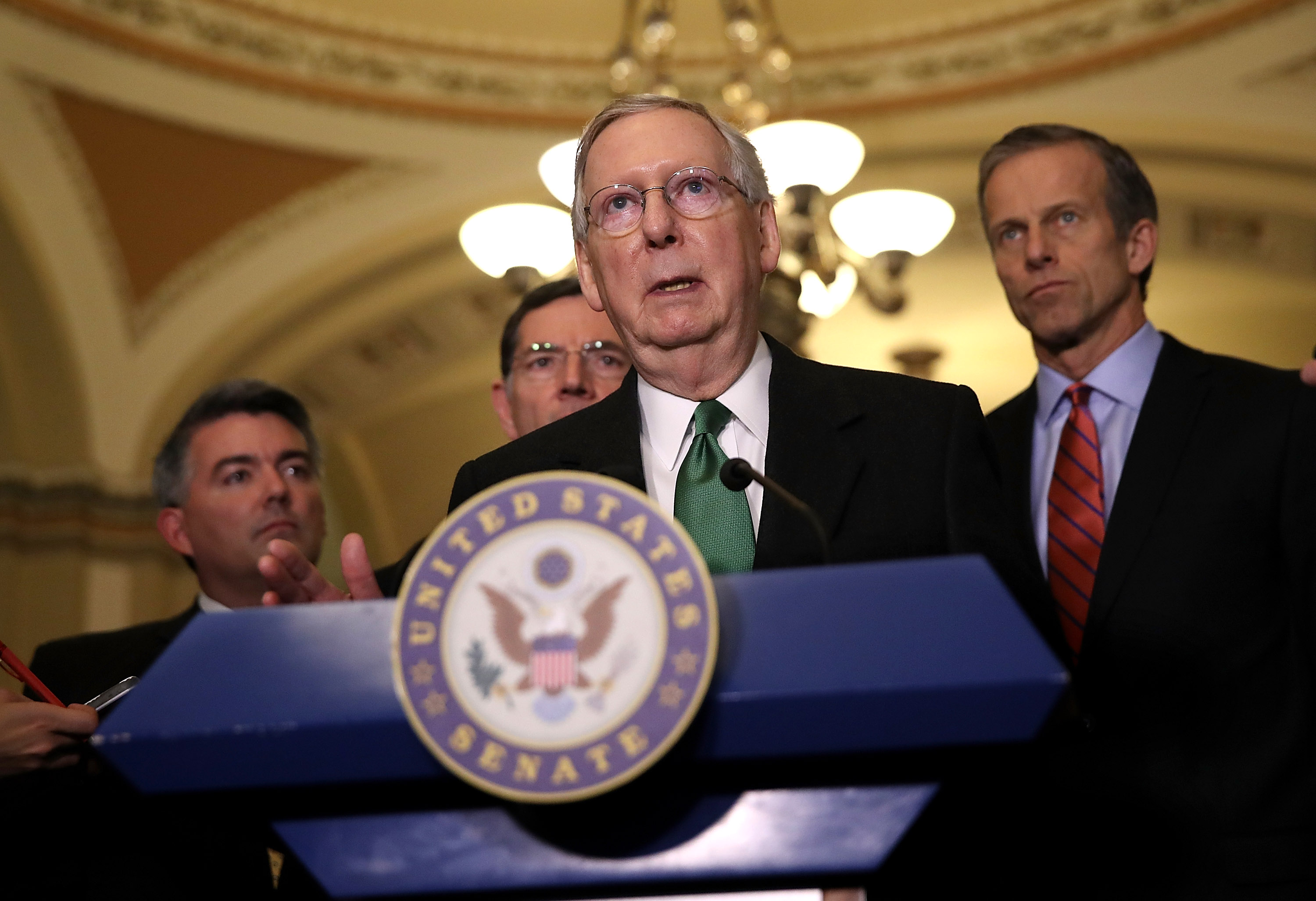 Senate Majority Leader Mitch McConnell (R-KY) speaks to reporters during a news conference on Capitol Hill following a policy lunch on March 7, 2017 in Washington, DC.