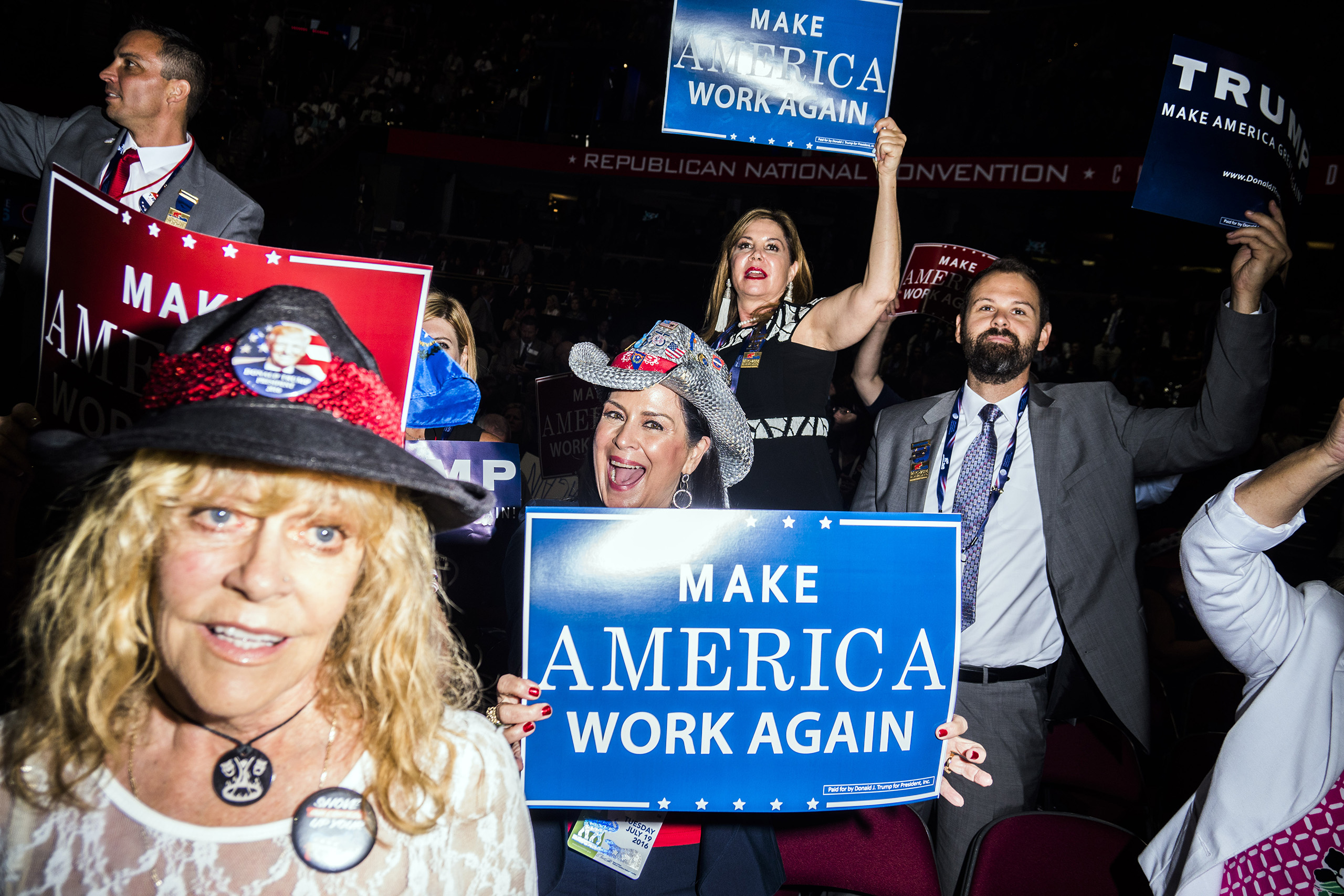 Supporters of Donald Trump at the Republican National Convention on July 19, 2016, at the Quicken Loans Arena in Cleveland, Ohio. 