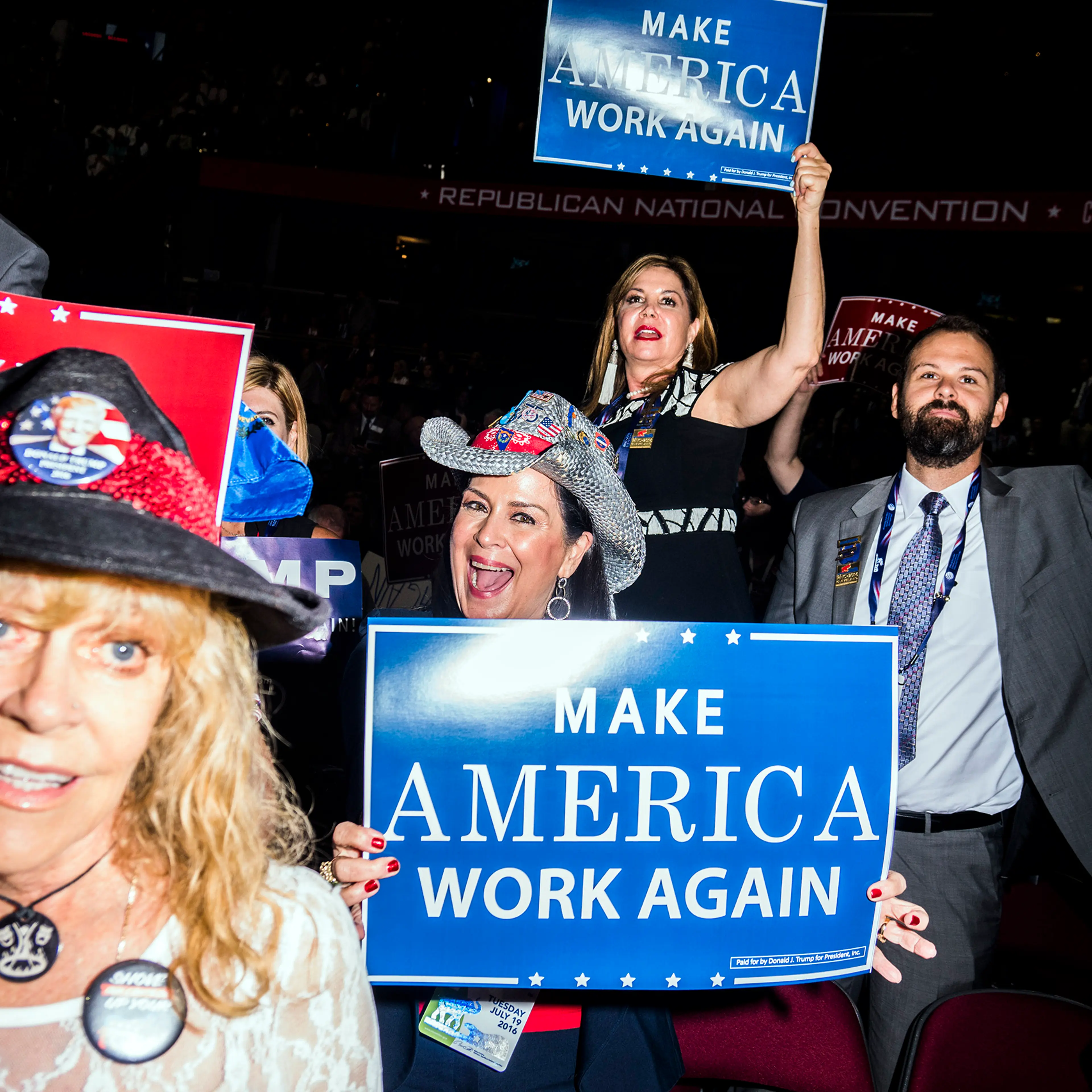 Supporters of Donald Trump at the Republican National Convention on July 19, 2016, at the Quicken Loans Arena in Cleveland, Ohio.