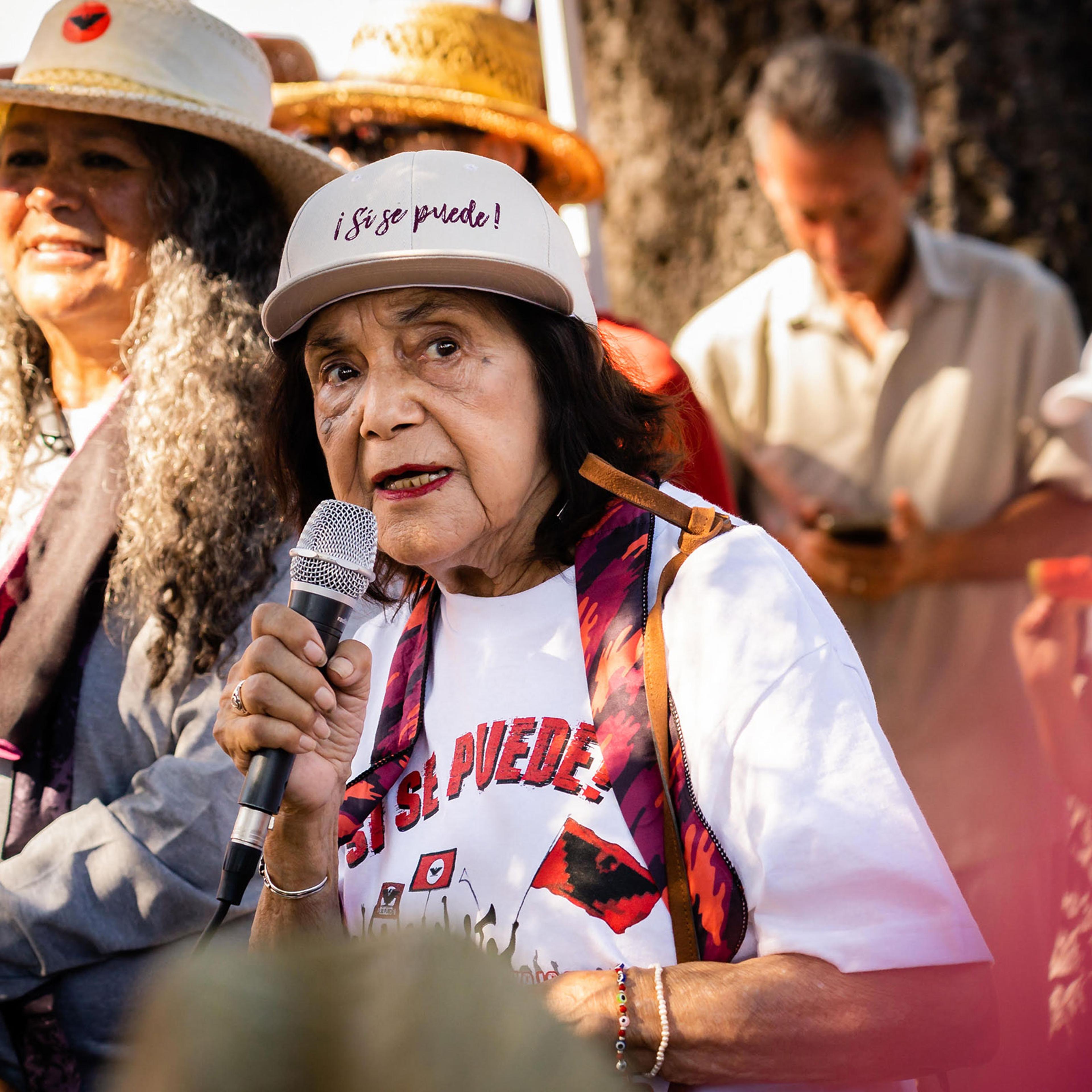Dolores Huerta speaks to volunteers and supporters at the United Farm Workers march at Constitution Park in Stockton, Calif. on Aug. 20th.