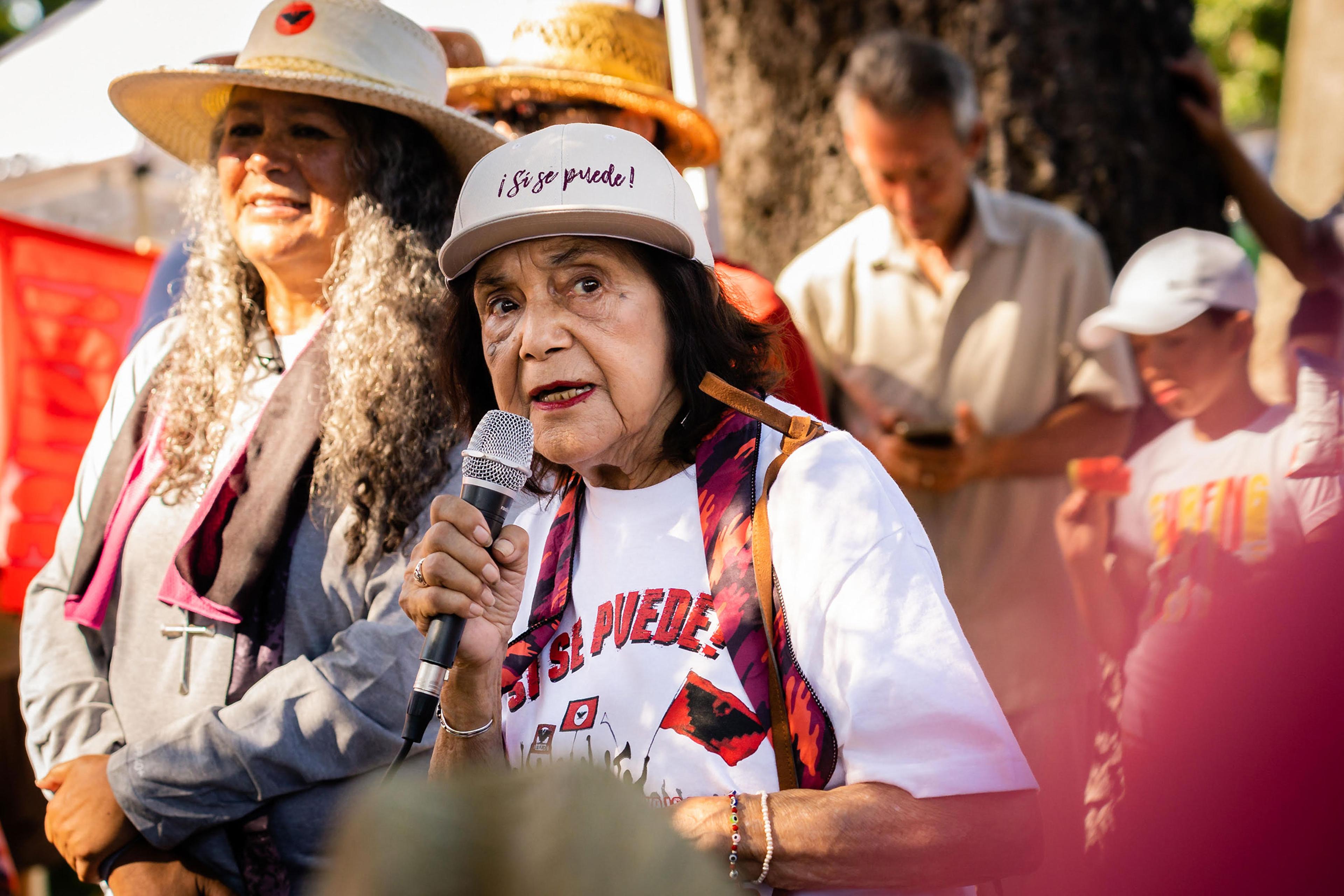 Dolores Huerta speaks to volunteers and supporters at the United Farm Workers march at Constitution Park in Stockton, Calif. on Aug. 20th.