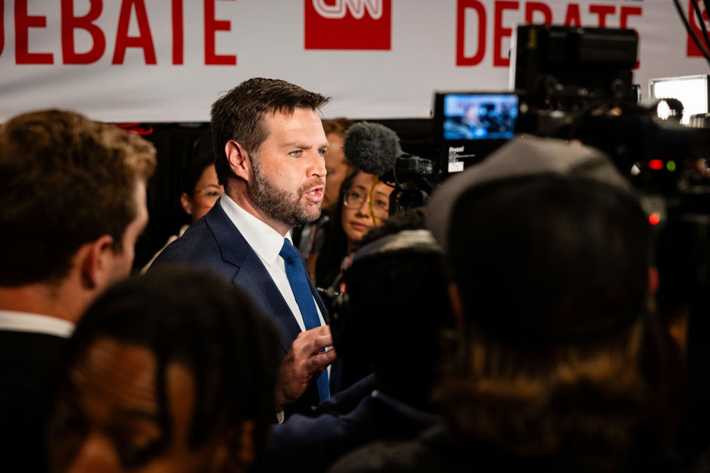 Senator J.D. Vance, a Republican from Ohio speaks to members of the media at the McCamish Pavilion on the Georgia Institute of Technology campus following the first presidential debate in Atlanta, Ga. on June 27, 2024.