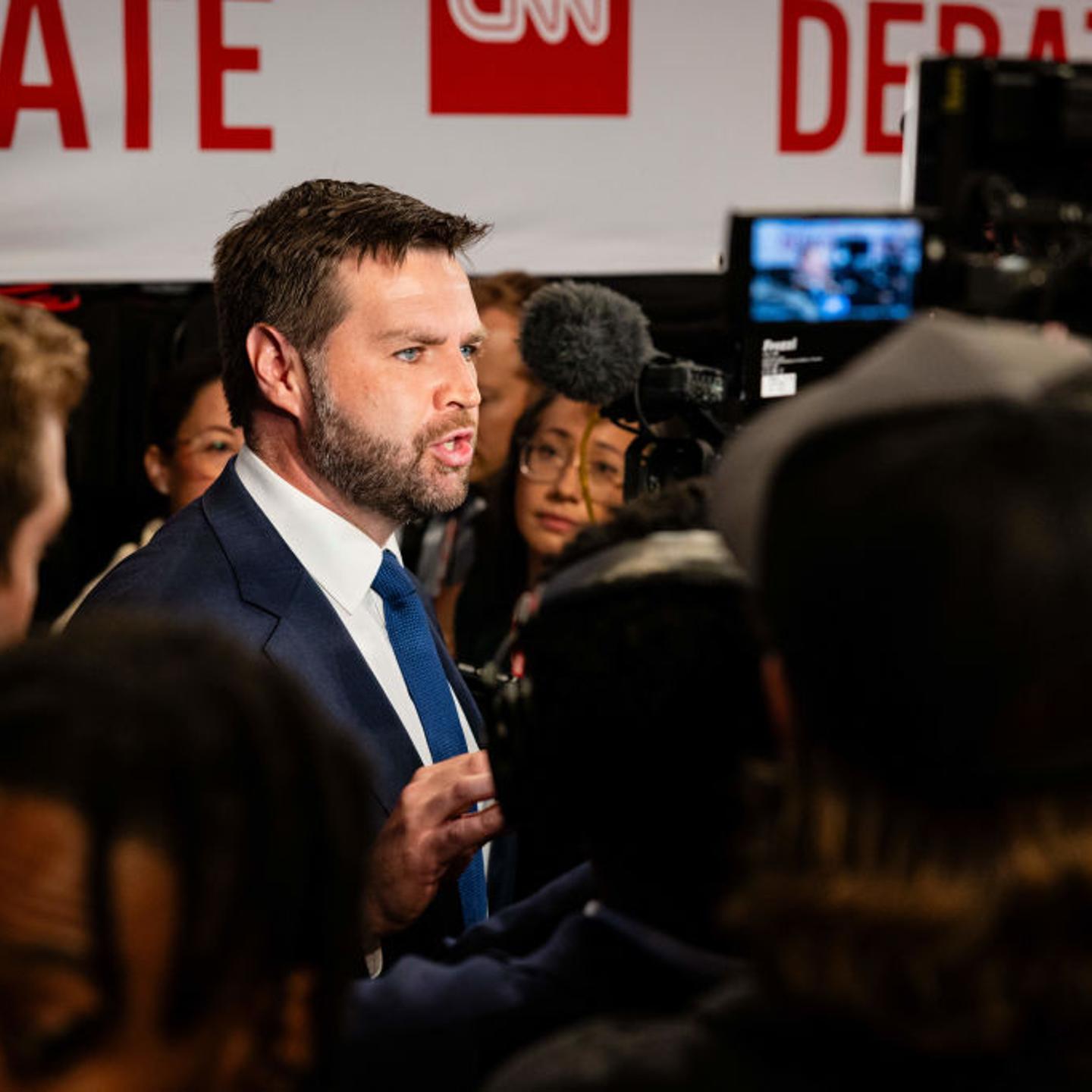 Senator J.D. Vance, a Republican from Ohio speaks to members of the media at the McCamish Pavilion on the Georgia Institute of Technology campus following the first presidential debate in Atlanta, Ga. on June 27, 2024.
