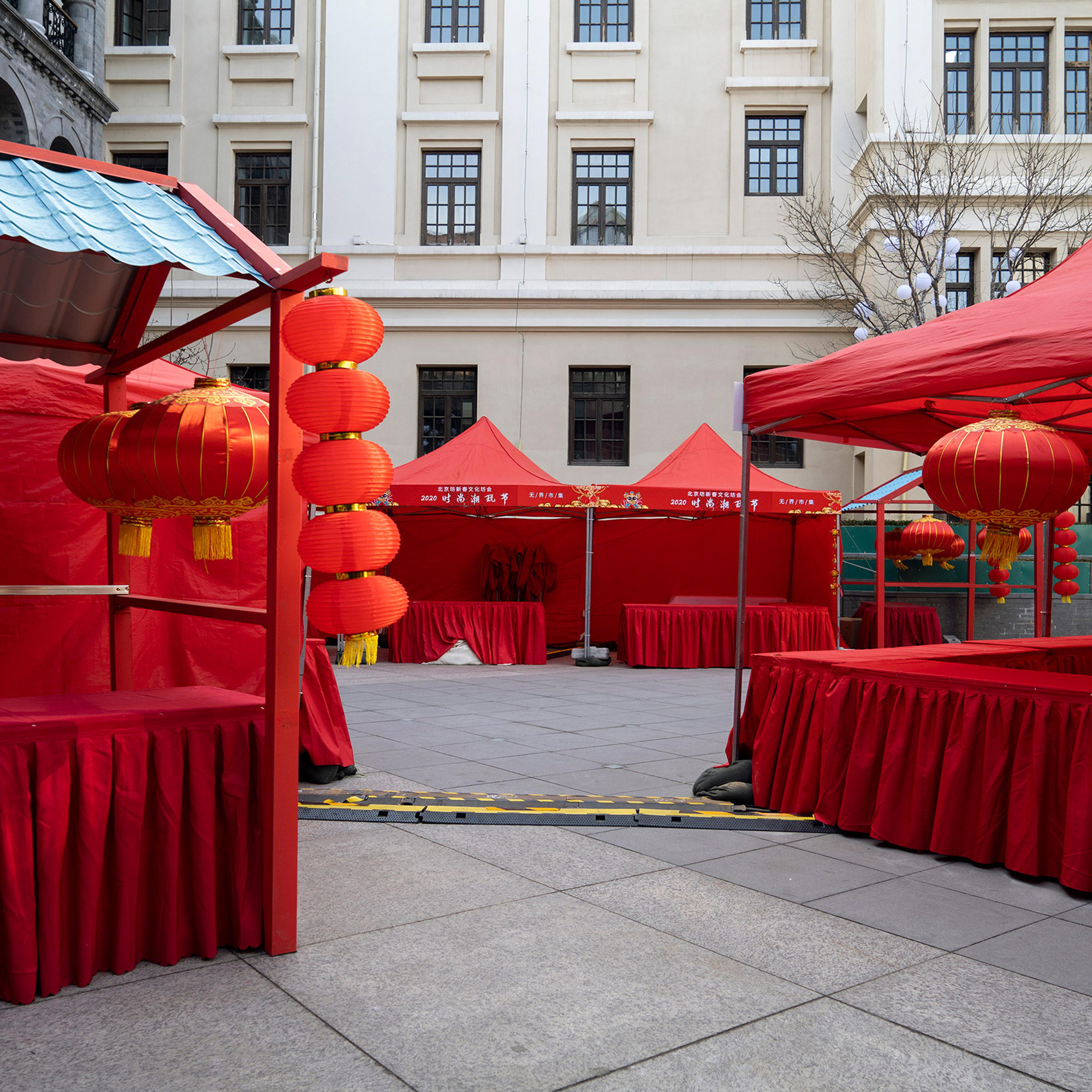 Empty stalls in the Qianmen area of Beijing on Feb. 1; the Chinese capital has closed down public spaces