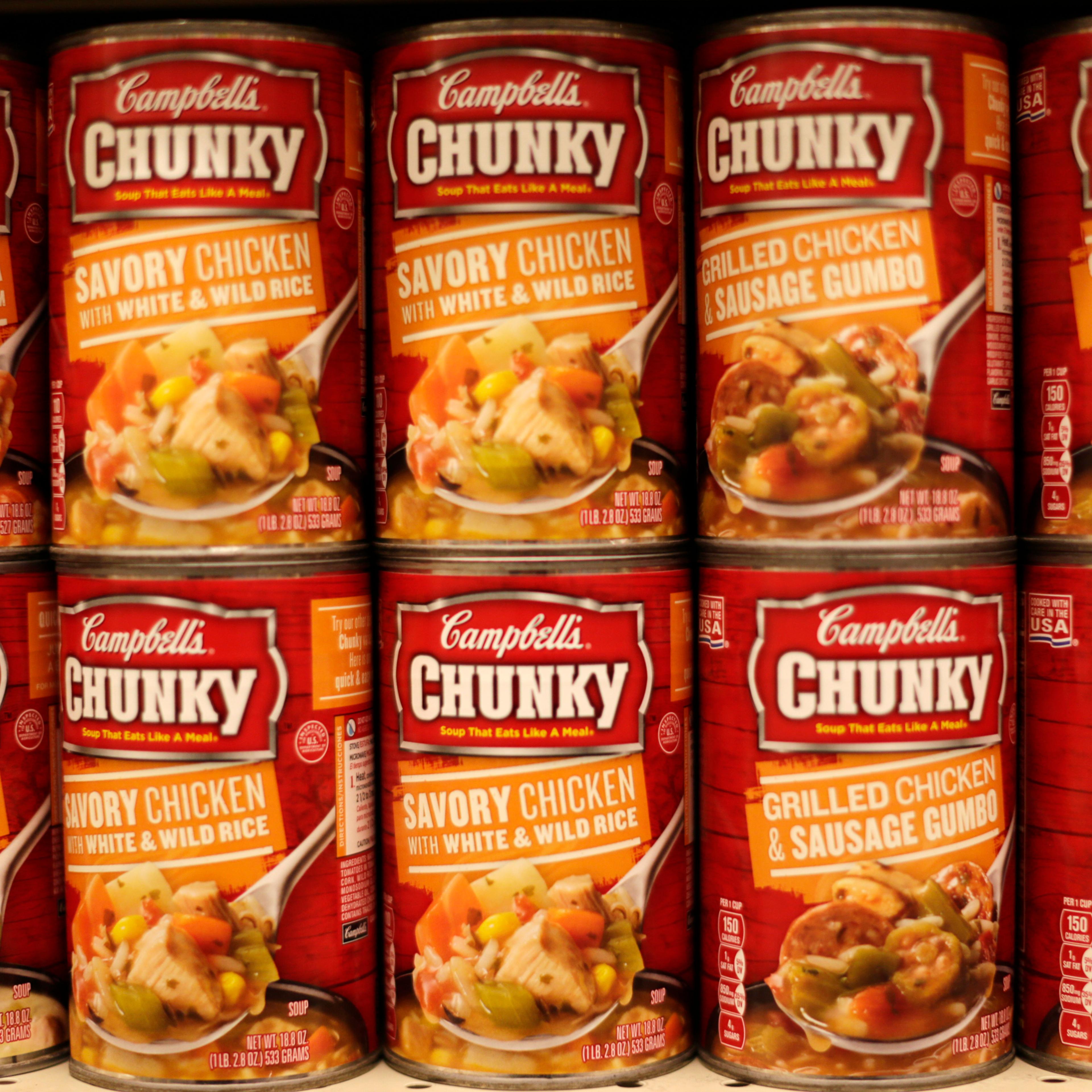 Cans of Campbell's brand Chunky soups are seen at the Safeway store in Wheaton Maryland