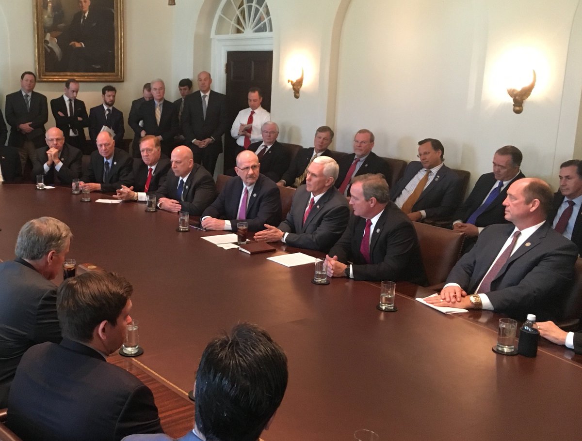 Trump and Vice President Mike Pence meet with the House Freedom Caucus. 