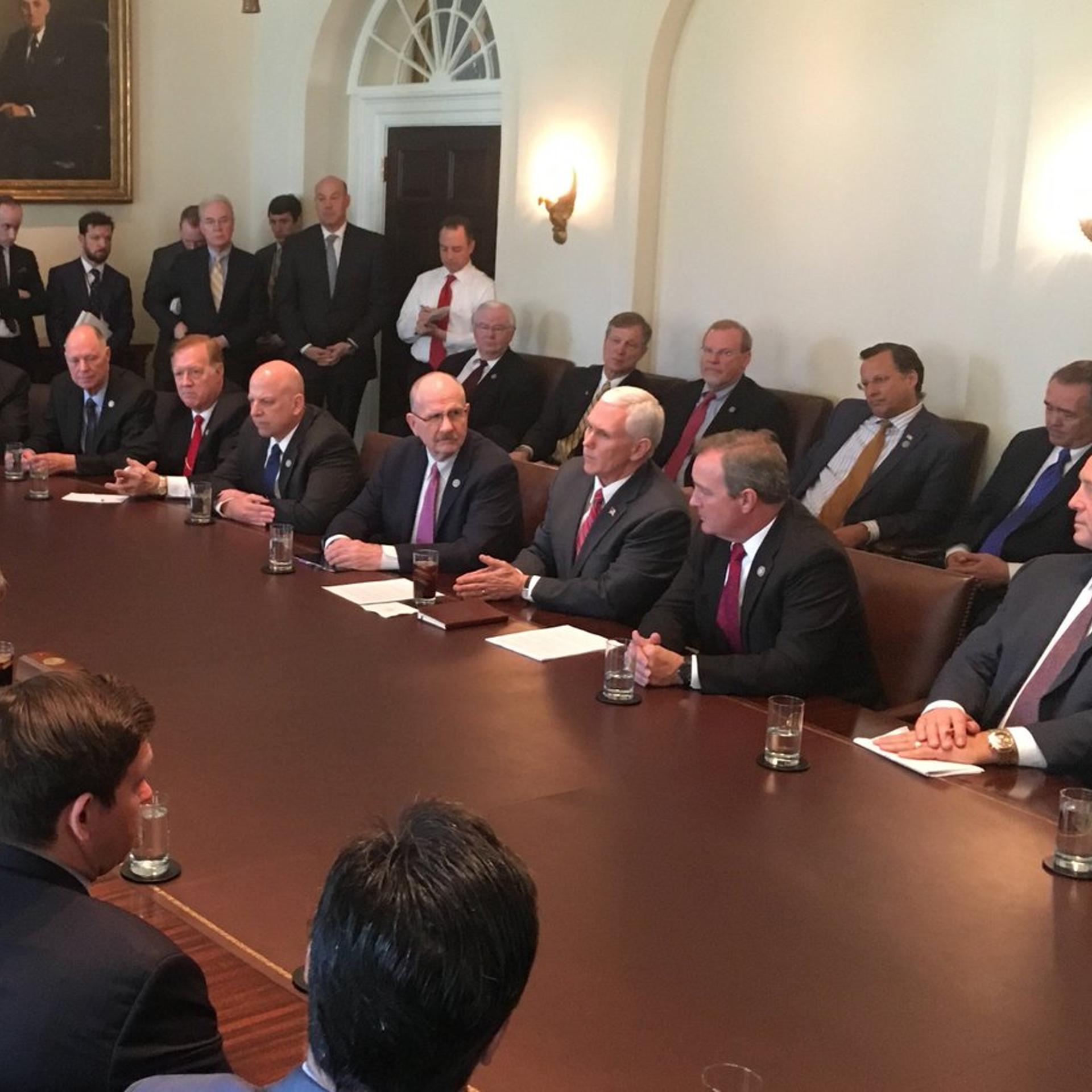 Trump and Vice President Mike Pence meet with the House Freedom Caucus.