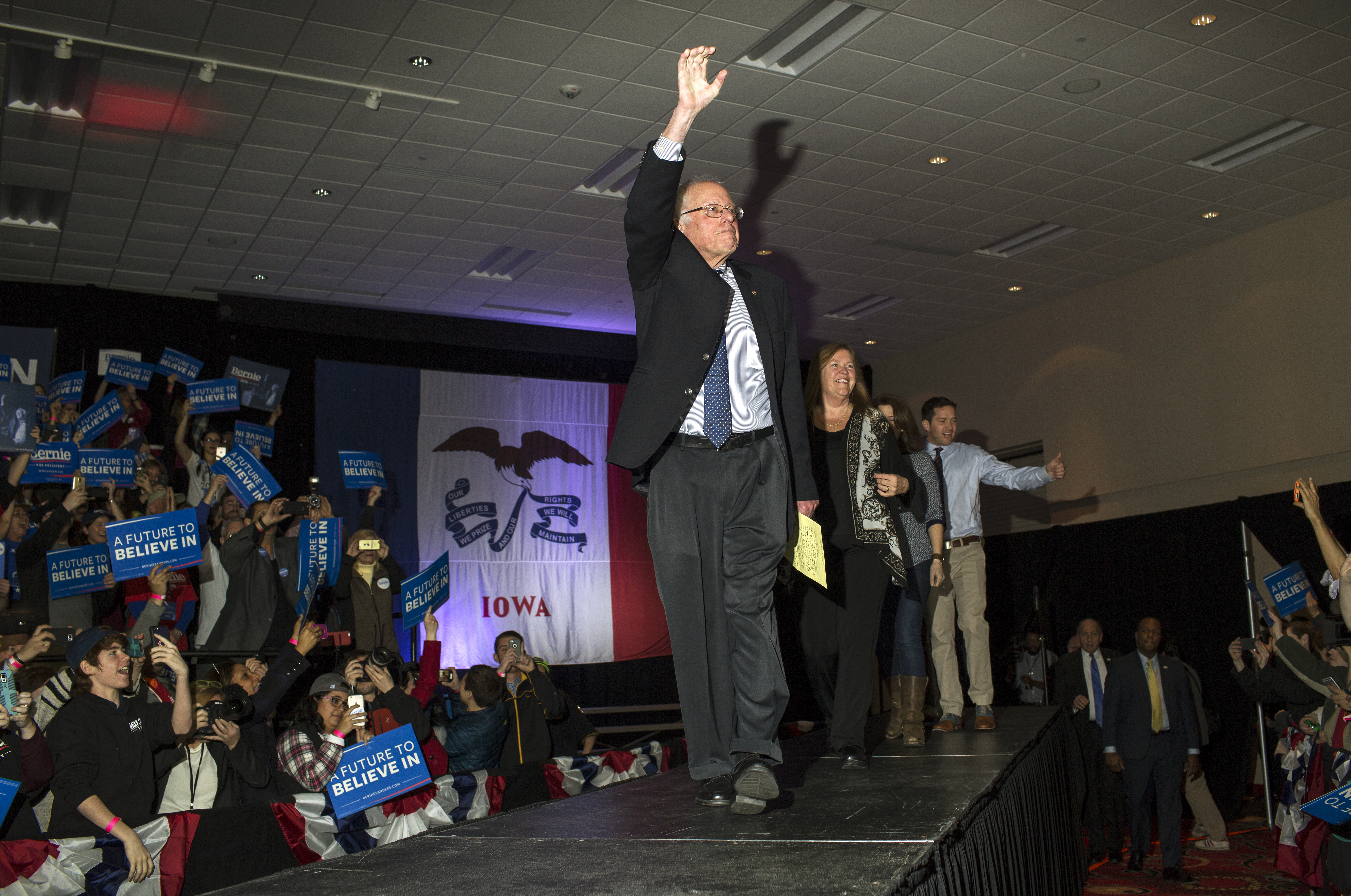 Vermont Sen. Bernie Sanders greets supporters on caucus night in during a rally in Des Moines, Iowa on Feb. 1, 2016.
