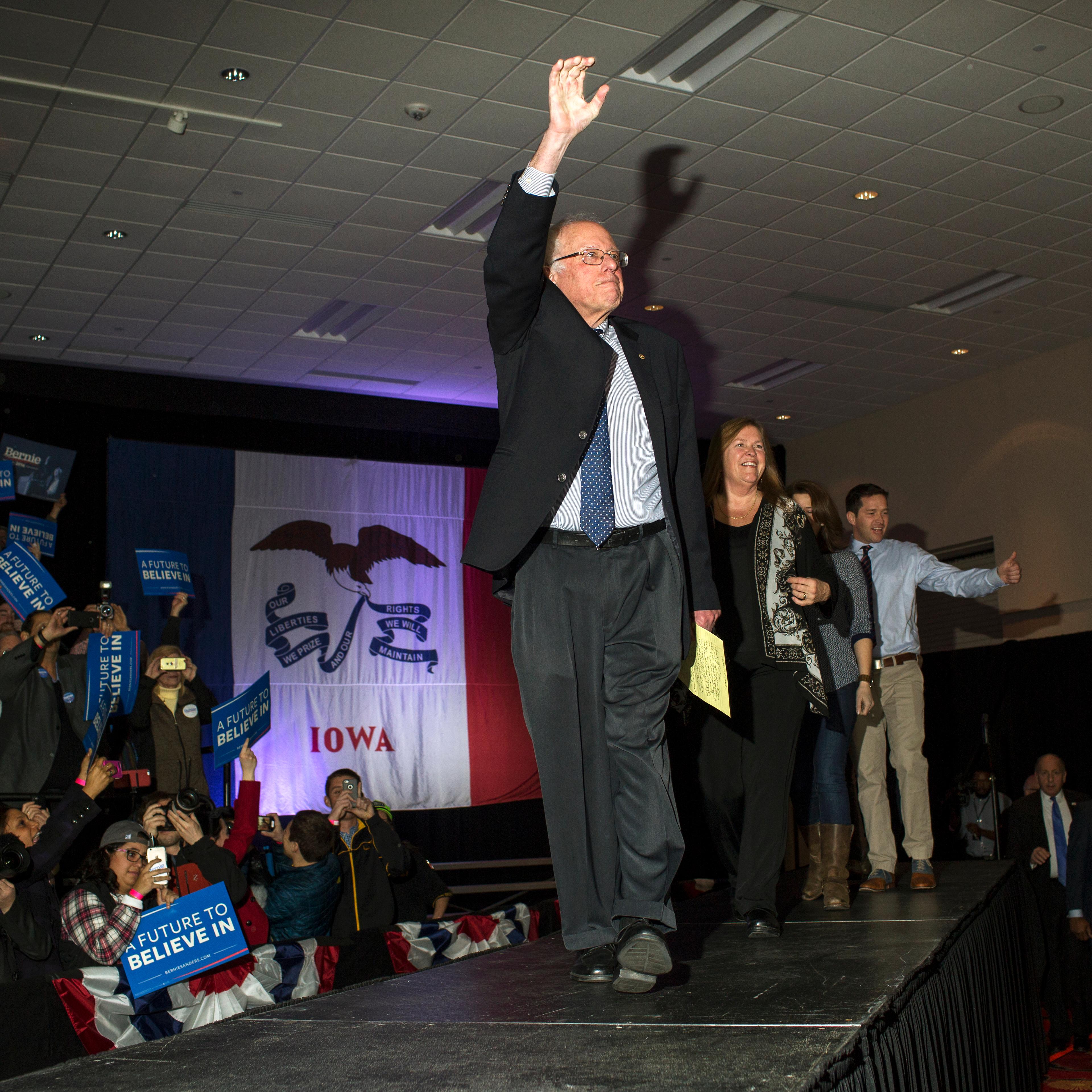 Vermont Sen. Bernie Sanders greets supporters on caucus night in during a rally in Des Moines, Iowa on Feb. 1, 2016.