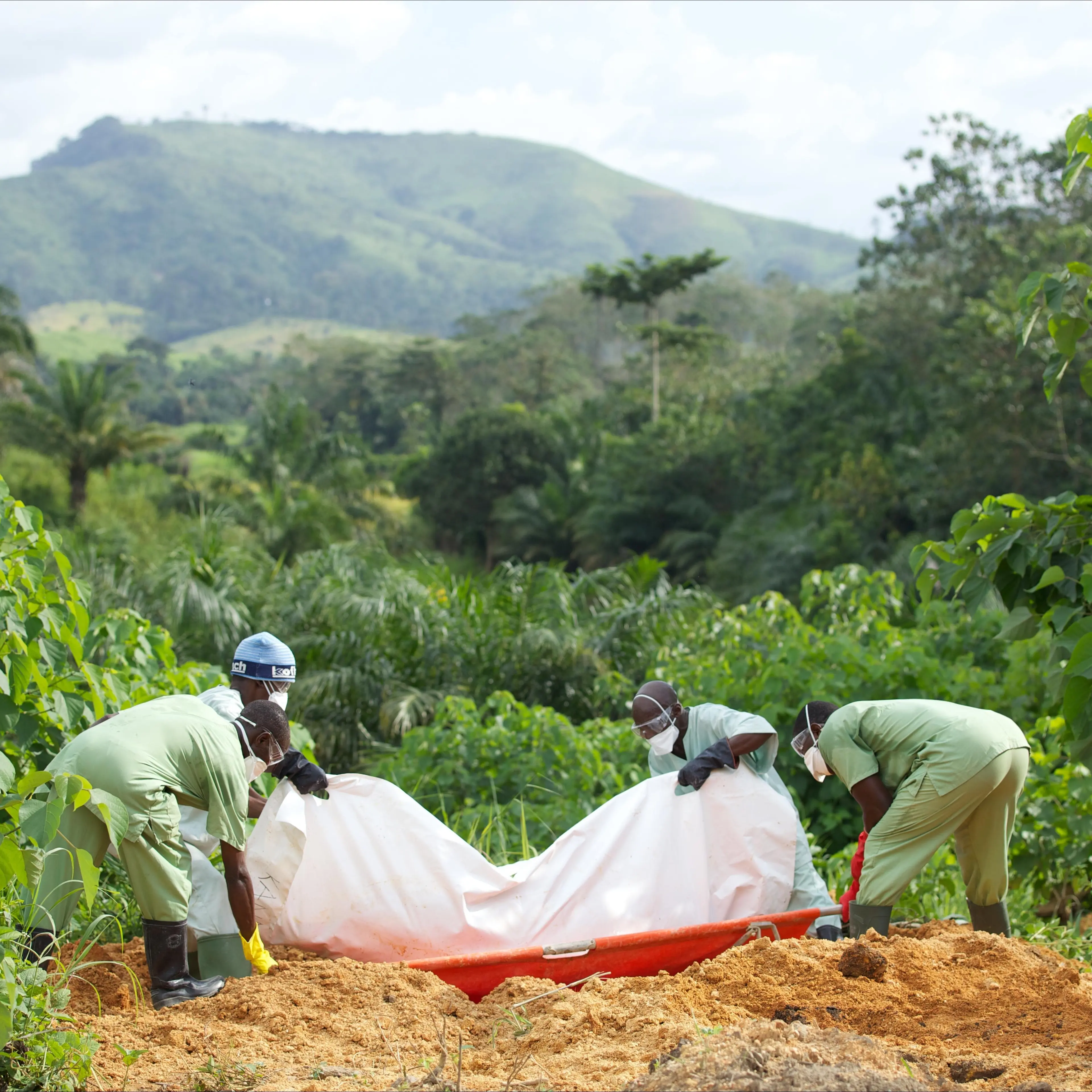 Red cross members from Guinea place an Ebola-infected body into a grave in a cemetery now overwhelmed with fresh graves in Gueckedou, Guinea on Oct. 17, 2014.