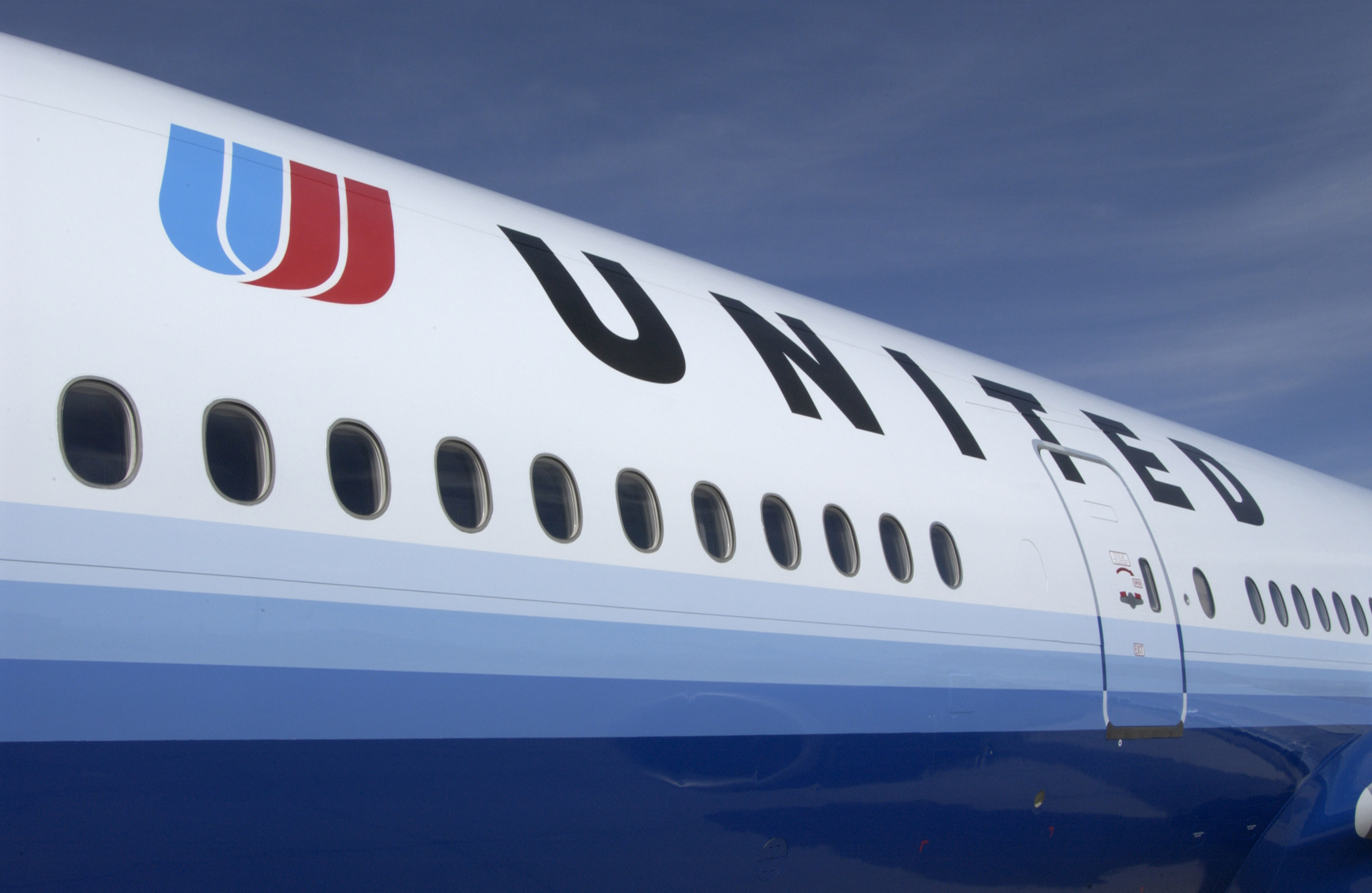 A newly painted United Airlines jet is seen in this UAL handout photograph from its corporate headquarters February 19, 2004 in Elk Grove Village, Illinois.