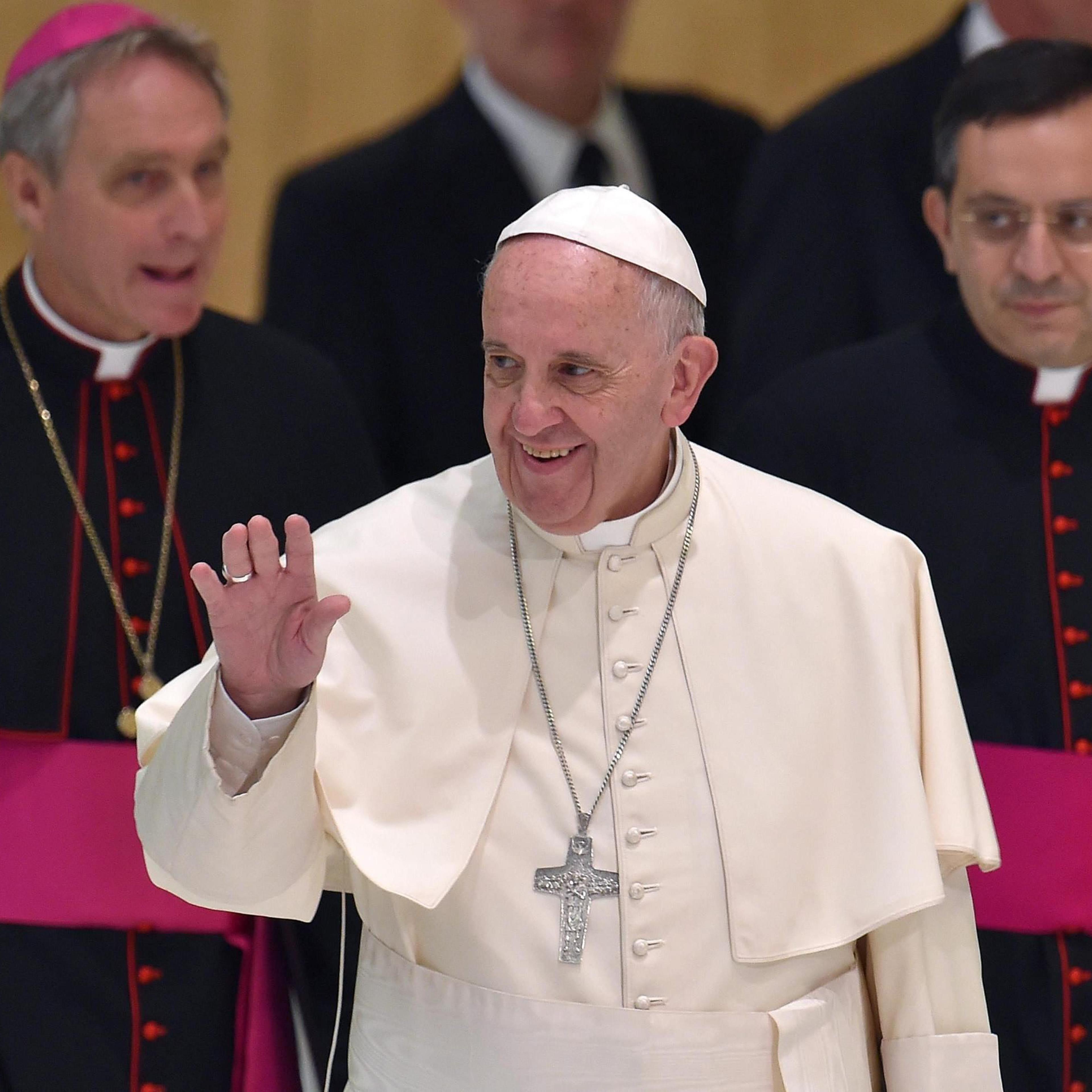 Pope Francis arrives for an audience with members of the Eucharistic Youth Movement in the Paul VI hall at the Vatican City on Aug. 7 2015.