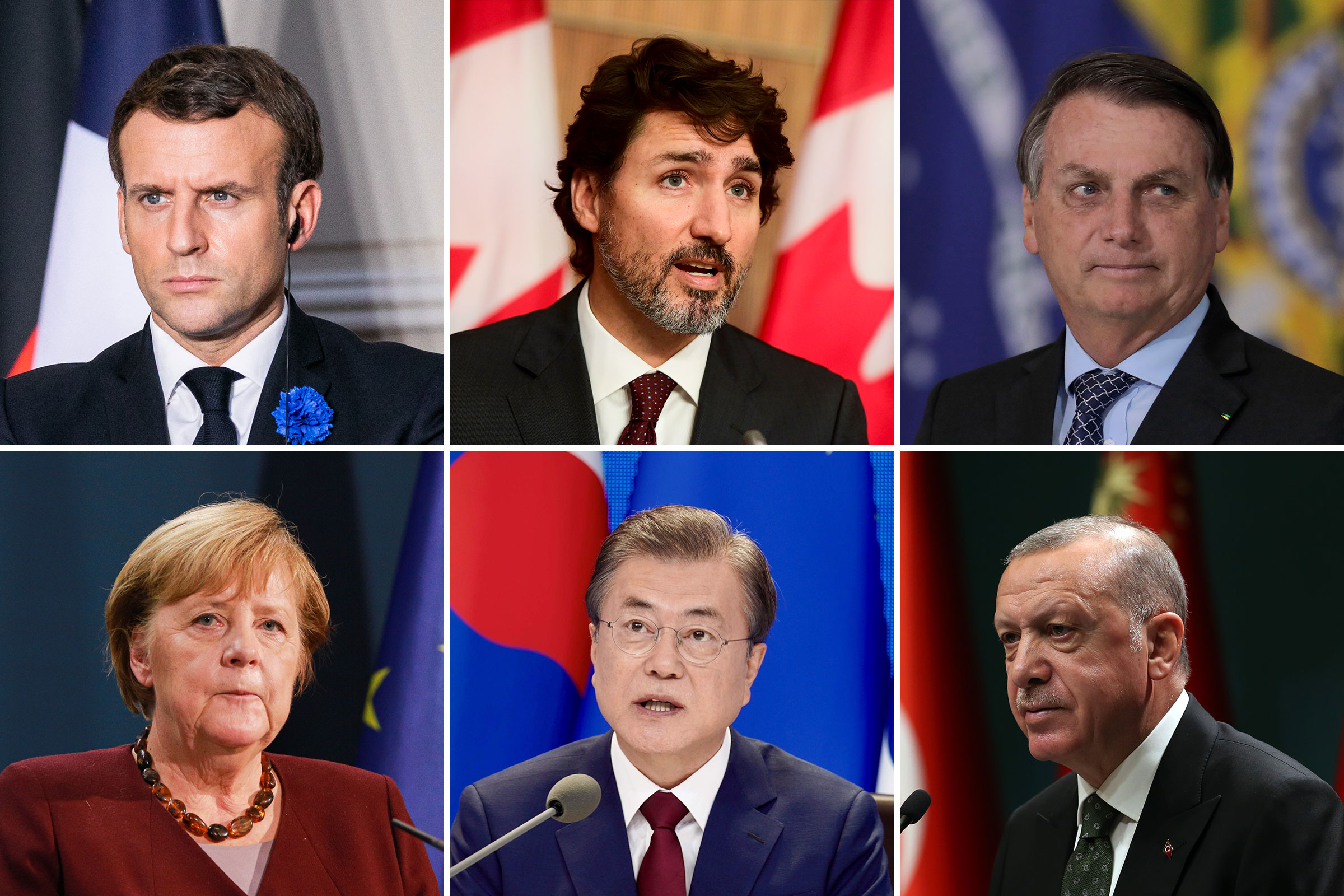 French President Emmanuel Macron; Canadian Prime Minister Justin Trudeau; Brazil's President Jair Bolsonaro; German Chancellor Angela Merkel; South Korean President Moon Jae-in; Turkish President Recep Tayyip Erdogan