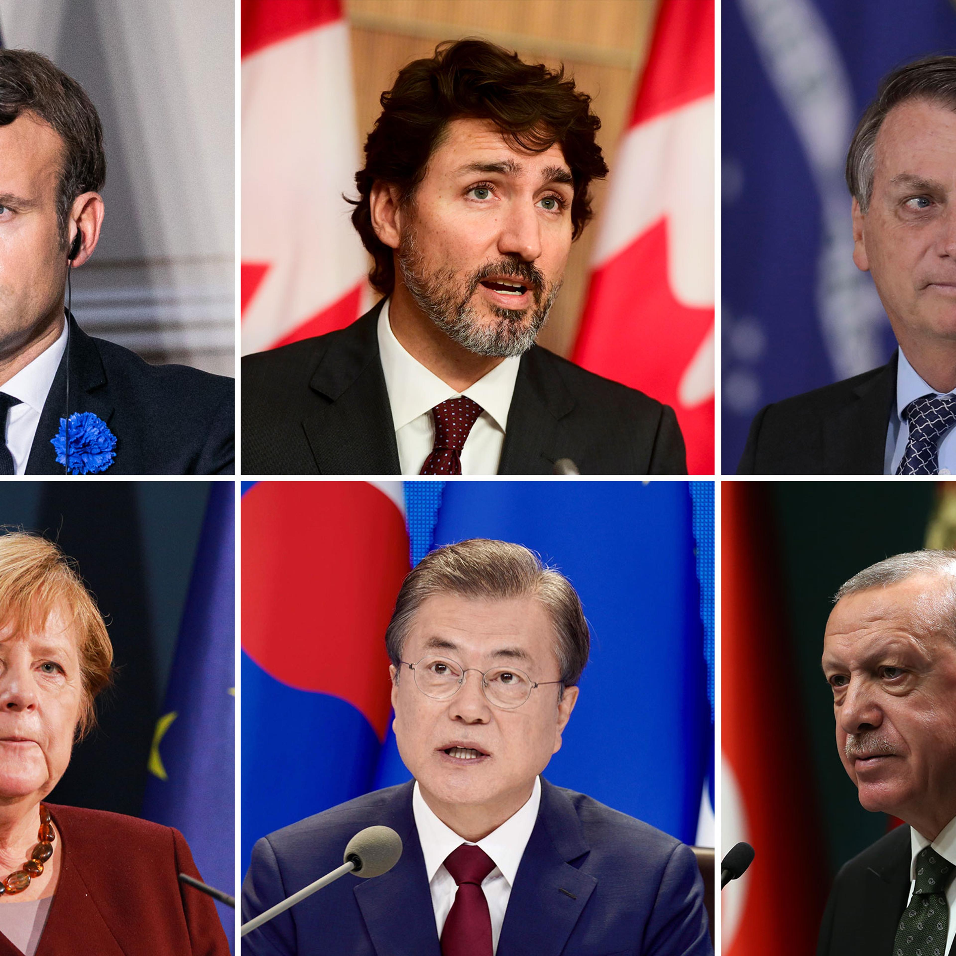 French President Emmanuel Macron; Canadian Prime Minister Justin Trudeau; Brazil's President Jair Bolsonaro; German Chancellor Angela Merkel; South Korean President Moon Jae-in; Turkish President Recep Tayyip Erdogan