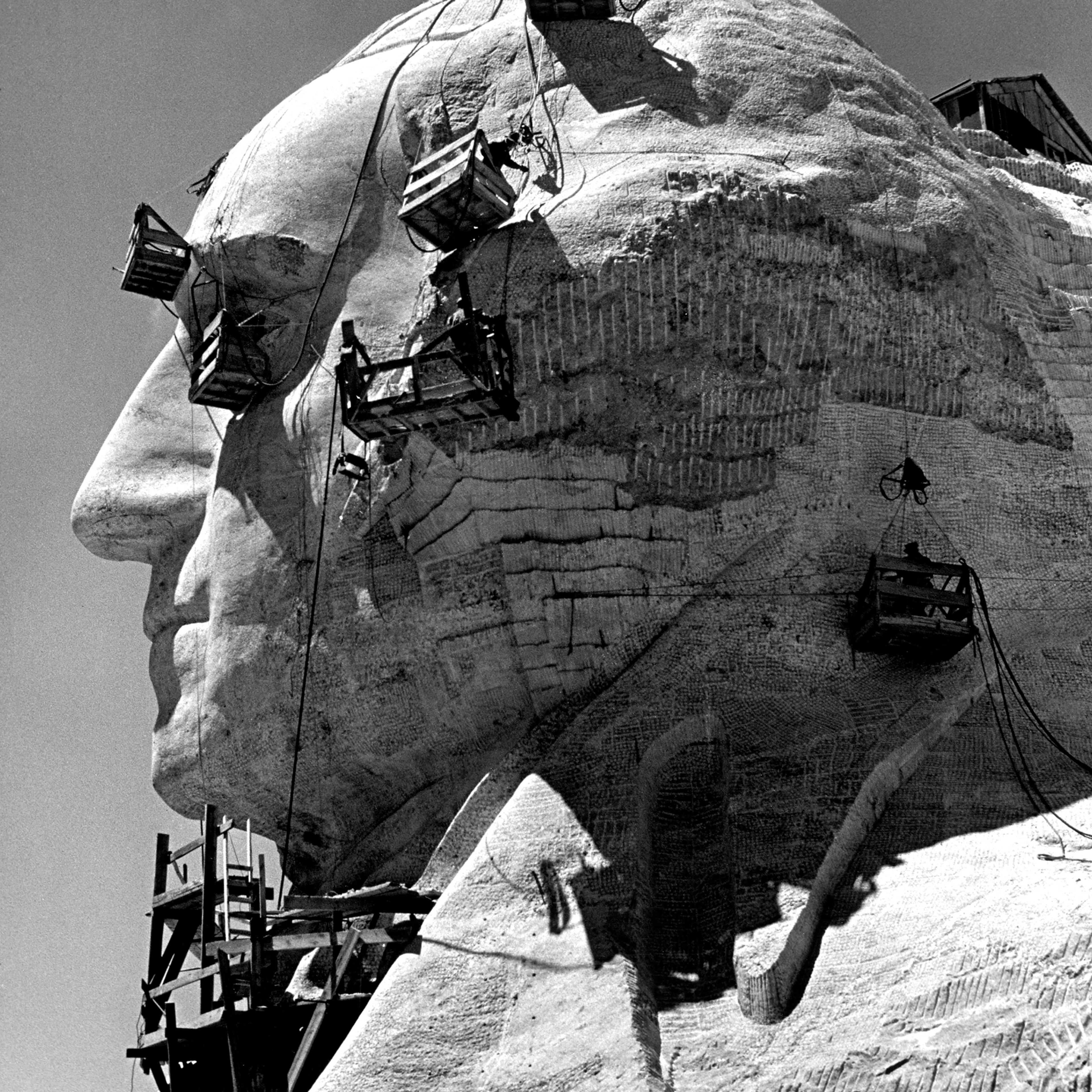Construction of George Washington section of Mt. Rushmore Monument, circa 1941.