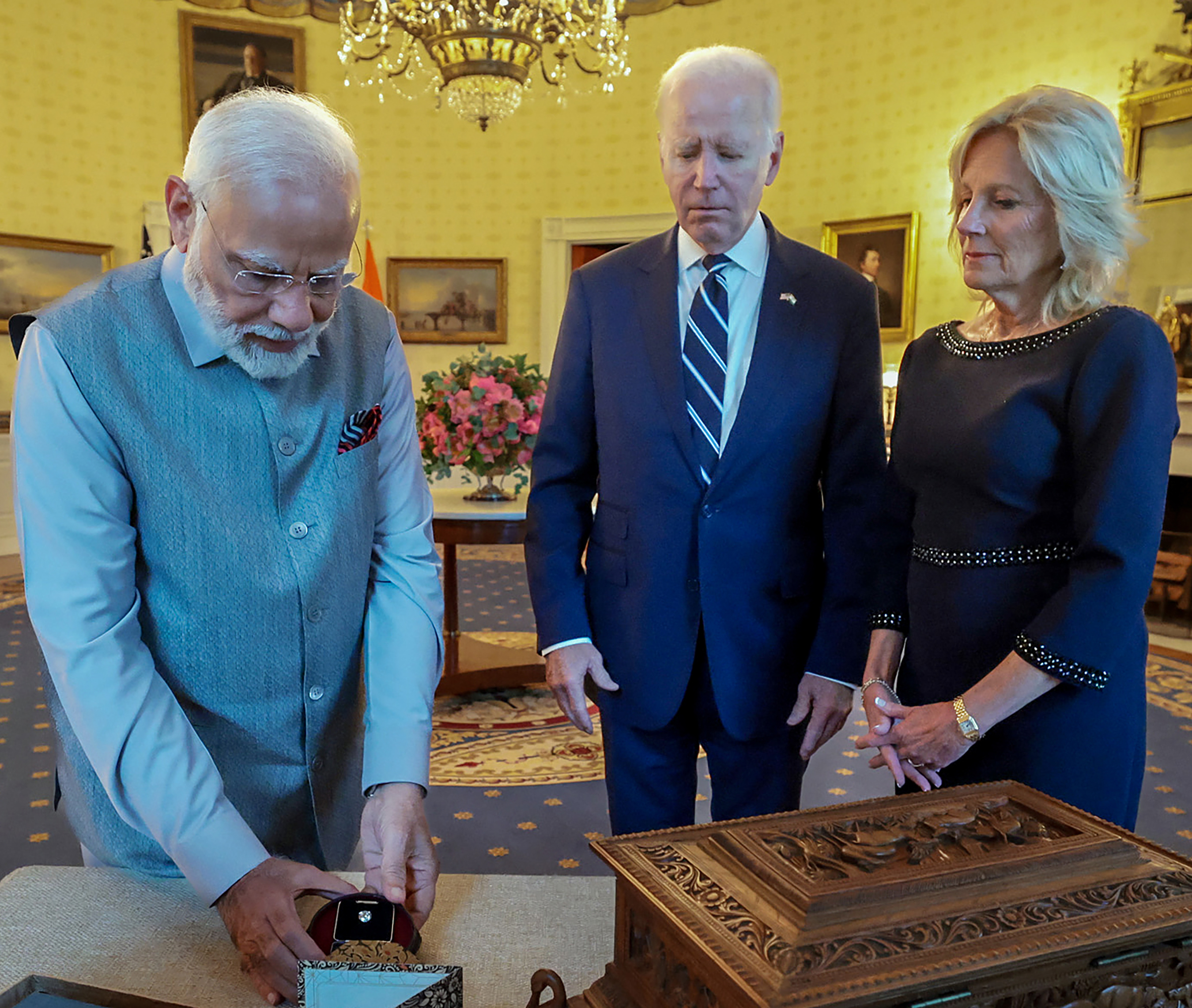 Prime Minister Narendra Modi gifts to the U.S. First Lady Dr. Jill Biden a lab-grown 7.5-carat green diamond in the presence of the U.S. President Joe Biden at the White House on June 22, 2023. 