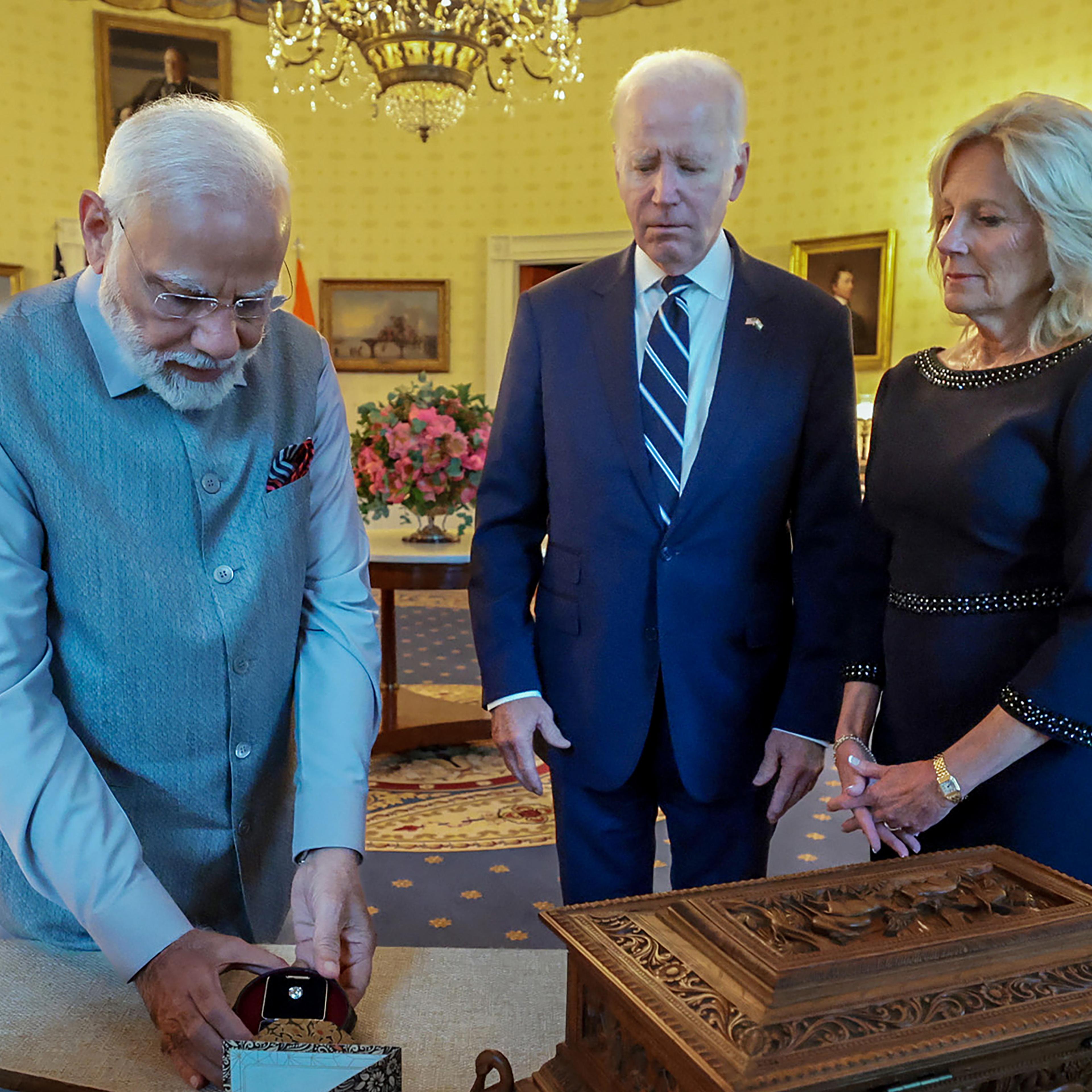 Prime Minister Narendra Modi gifts to the U.S. First Lady Dr. Jill Biden a lab-grown 7.5-carat green diamond in the presence of the U.S. President Joe Biden at the White House on June 22, 2023.