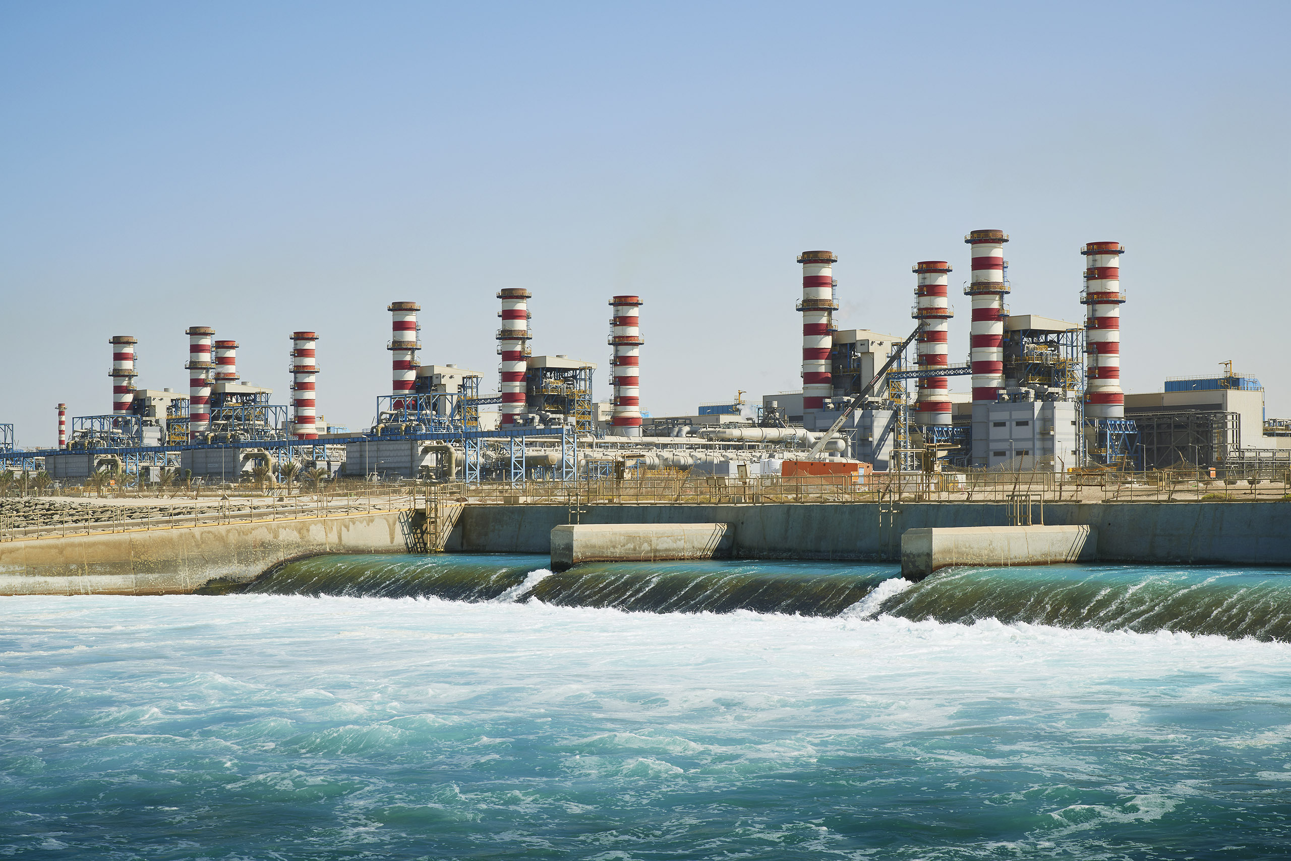 Brine being pumped into the Persian Gulf from M Station at Jebel Ali. The brine is the byproduct of desalination and is slightly more concentrated in salinity and and warmer than the sea.
