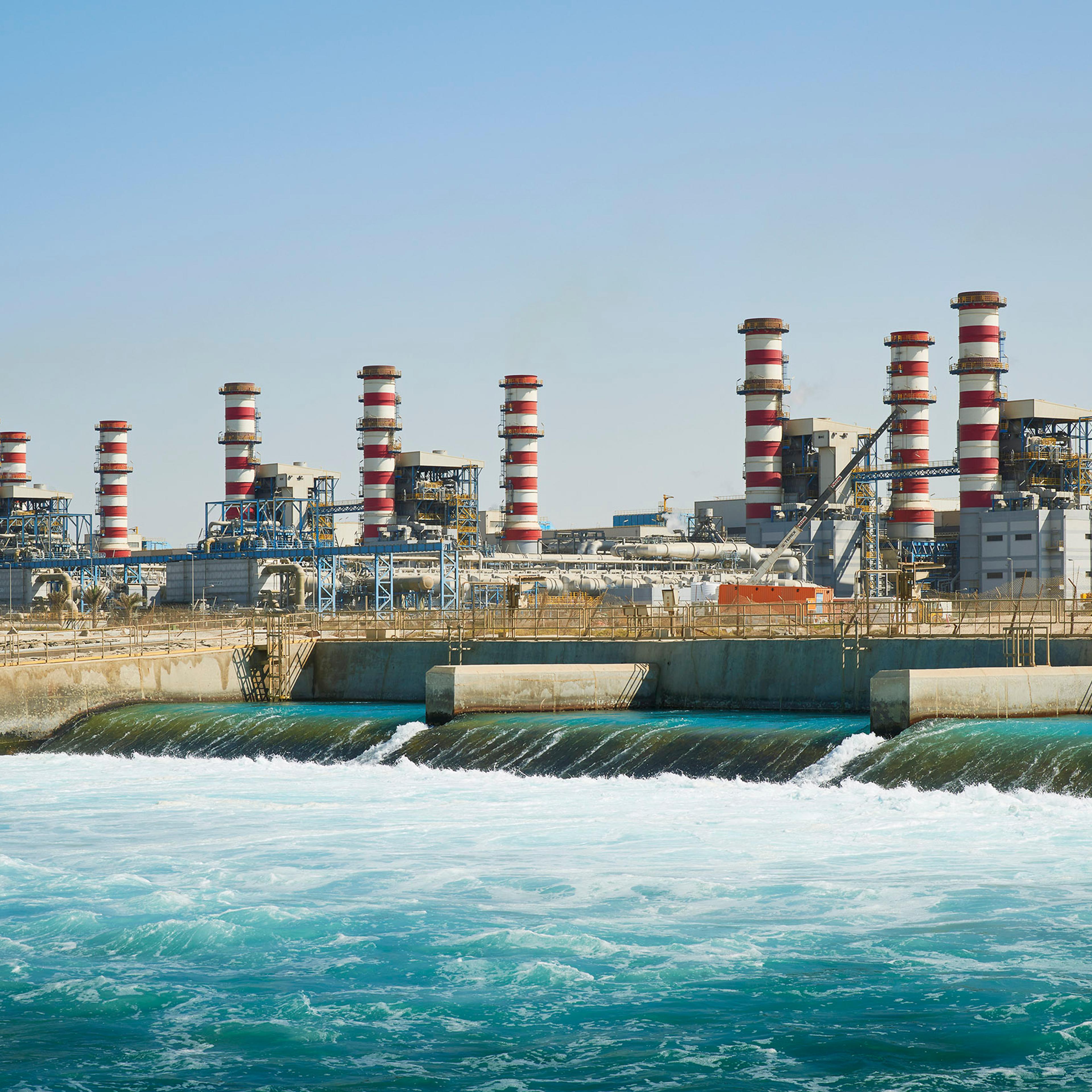 Brine being pumped into the Persian Gulf from M Station at Jebel Ali. The brine is the byproduct of desalination and is slightly more concentrated in salinity and and warmer than the sea.