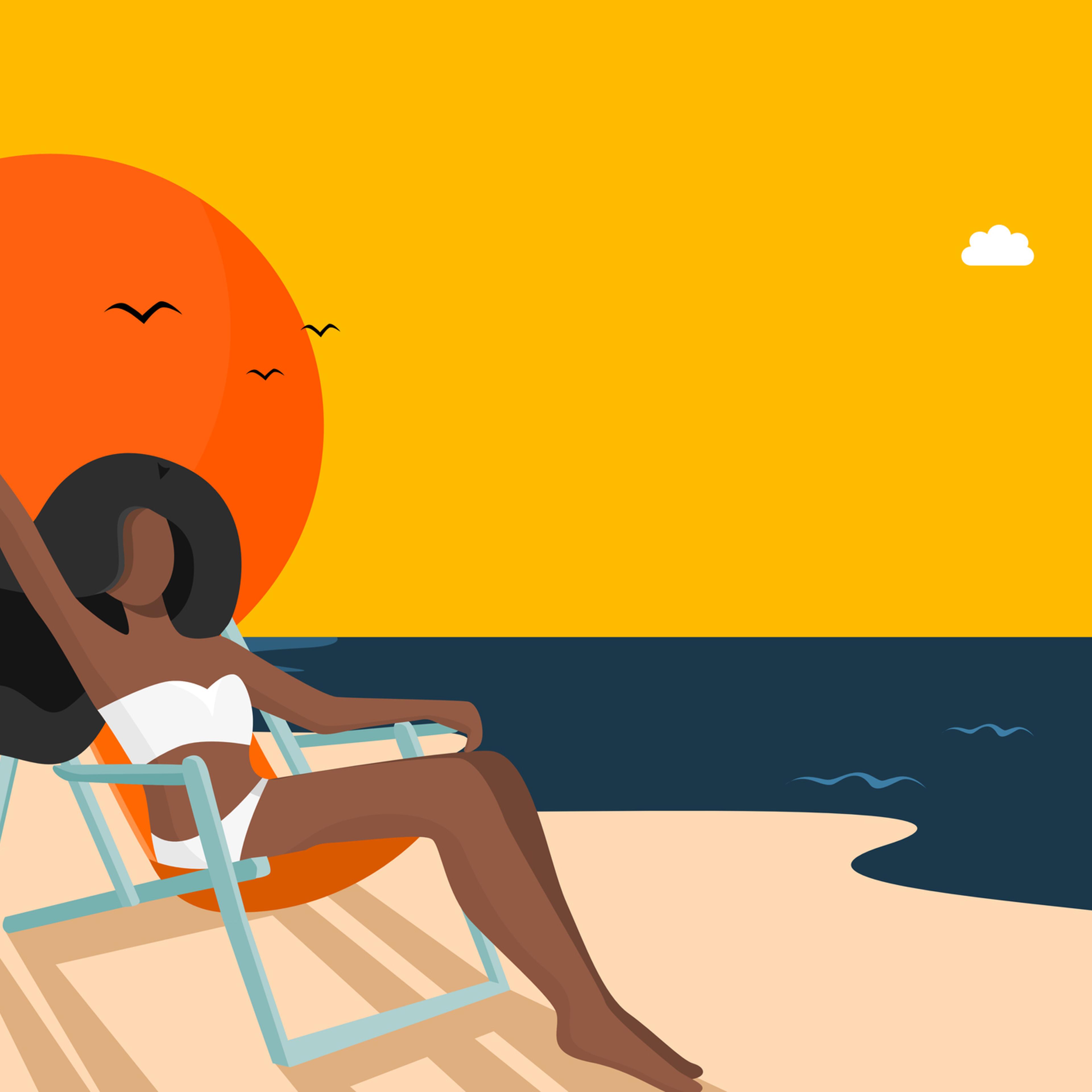 Relaxing woman enjoying her vacation at the beach illustration concept shows a beautiful woman who has dark skin tone sitting on the beach chair when the sunset time for relaxing her mood.