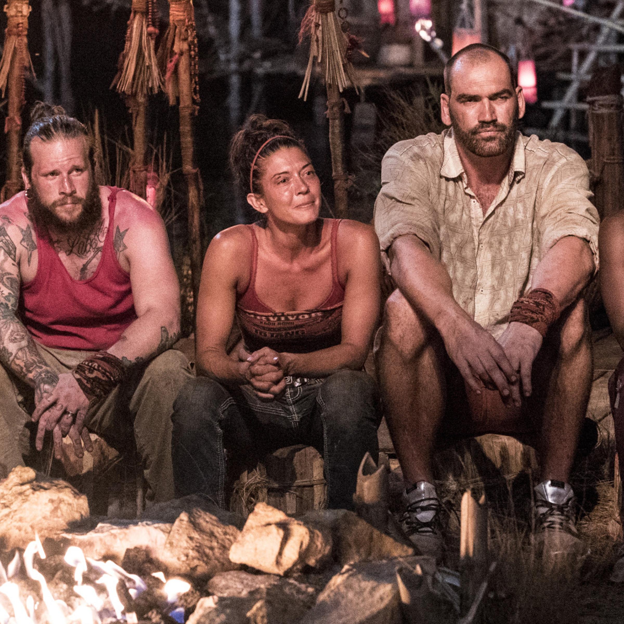 From left: Alecia Holden, Kyle Jason, Jennifer Lanzetti, Scot Pollard and Cydney Gillon at Tribal Council during Survivor: Kaôh Rōng.