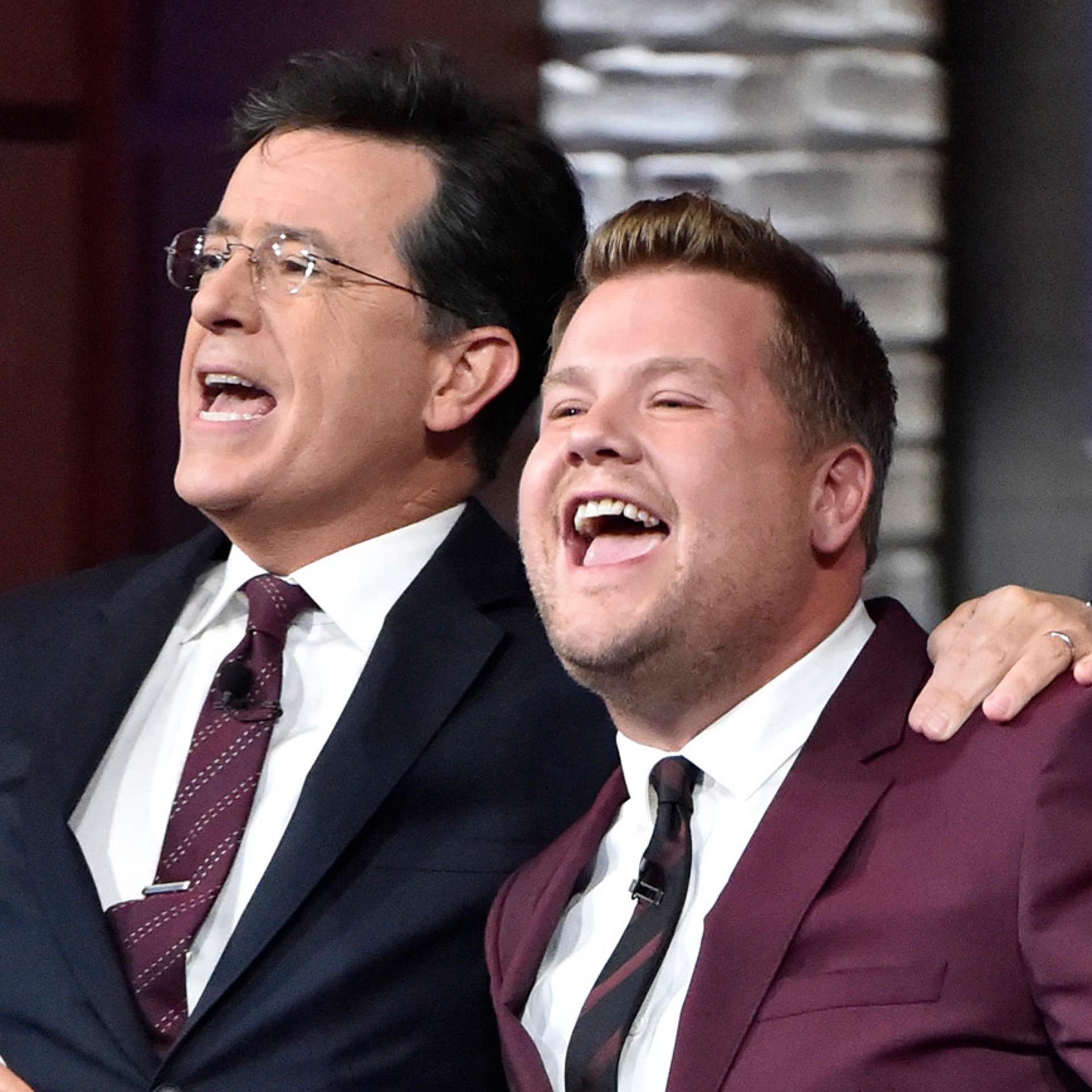 Stephen Colbert and James Corden on The Late Show with Stephen Colbert on Oct. 9, 2016 in New York City.