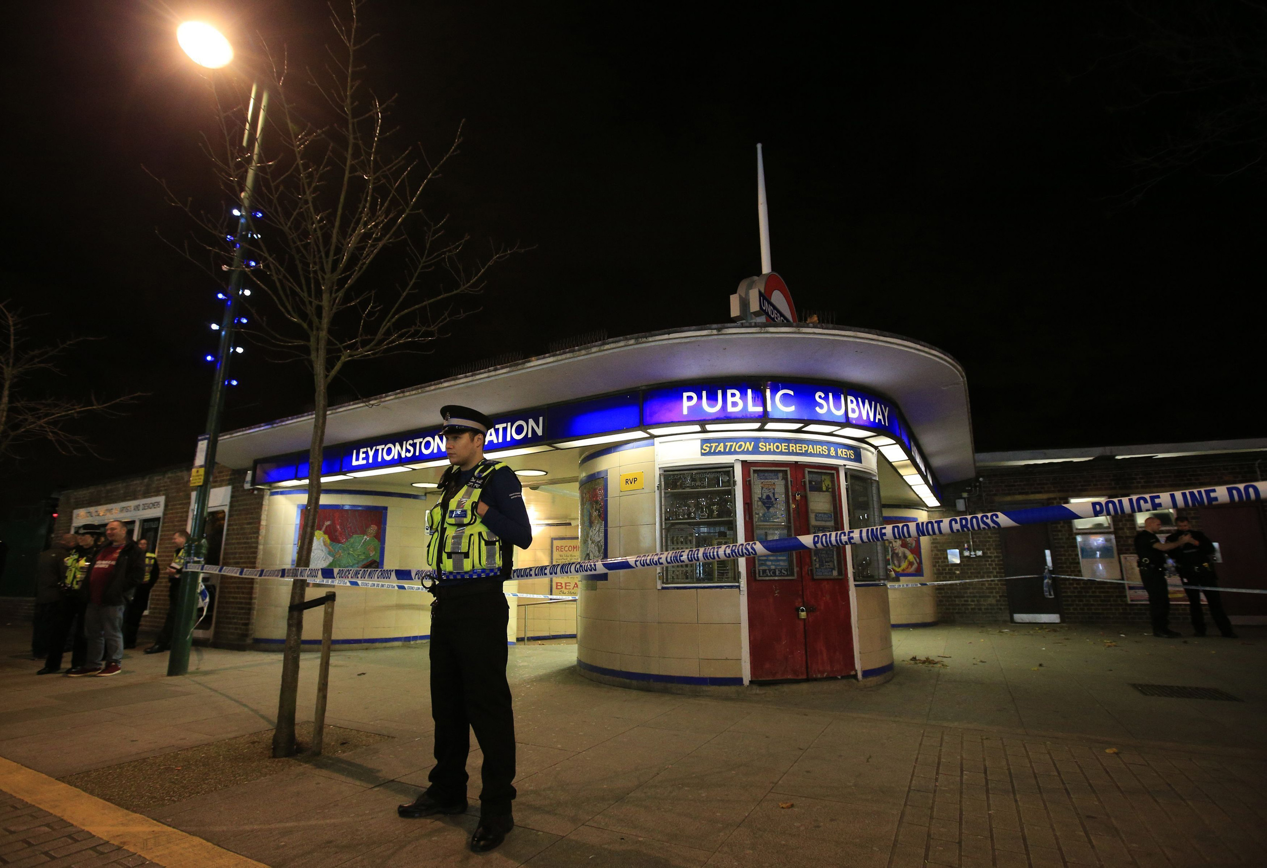 Police cordoning off Leytonstone Underground Station in east London on May 12, 2015. Muhaydin Mire, 30, of Sansom Road, Leytonstone, has been found guilty of trying to behead a random stranger at a Tube station after being inspired by the murder of Fusil