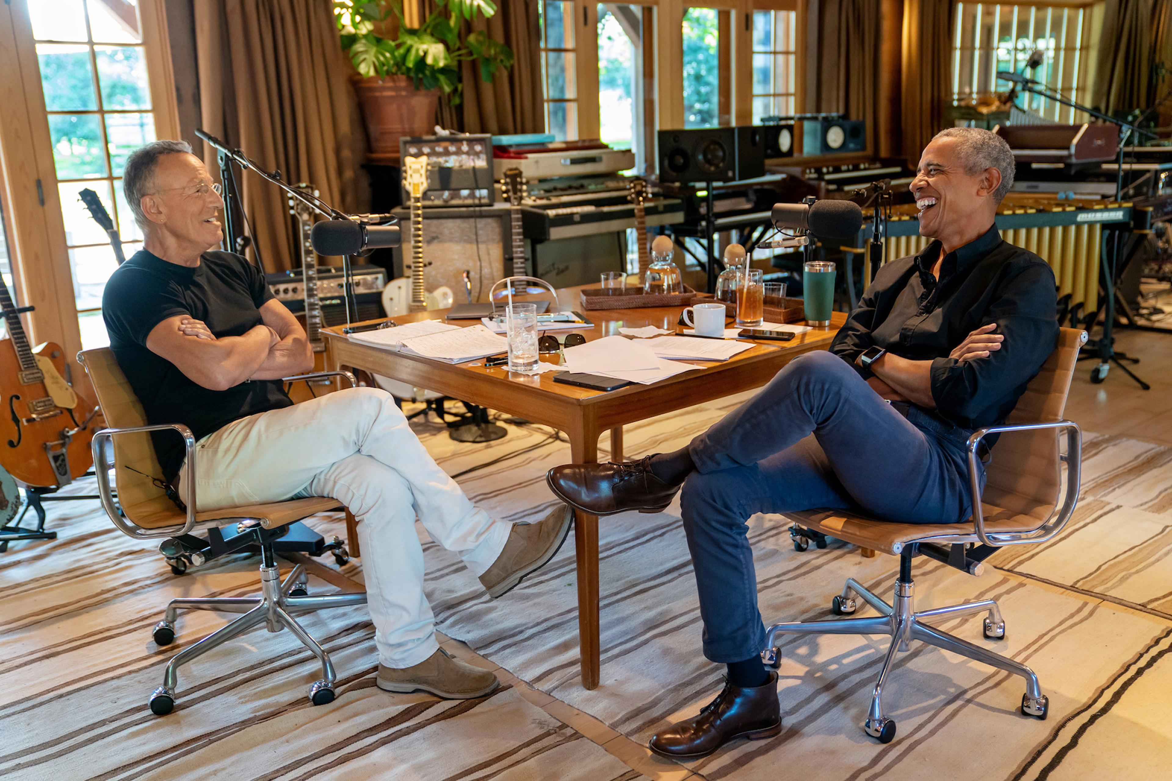 Bruce Springsteen and Barack Obama record an episode of their Spotify podcast series "Renegades: Born in the USA."