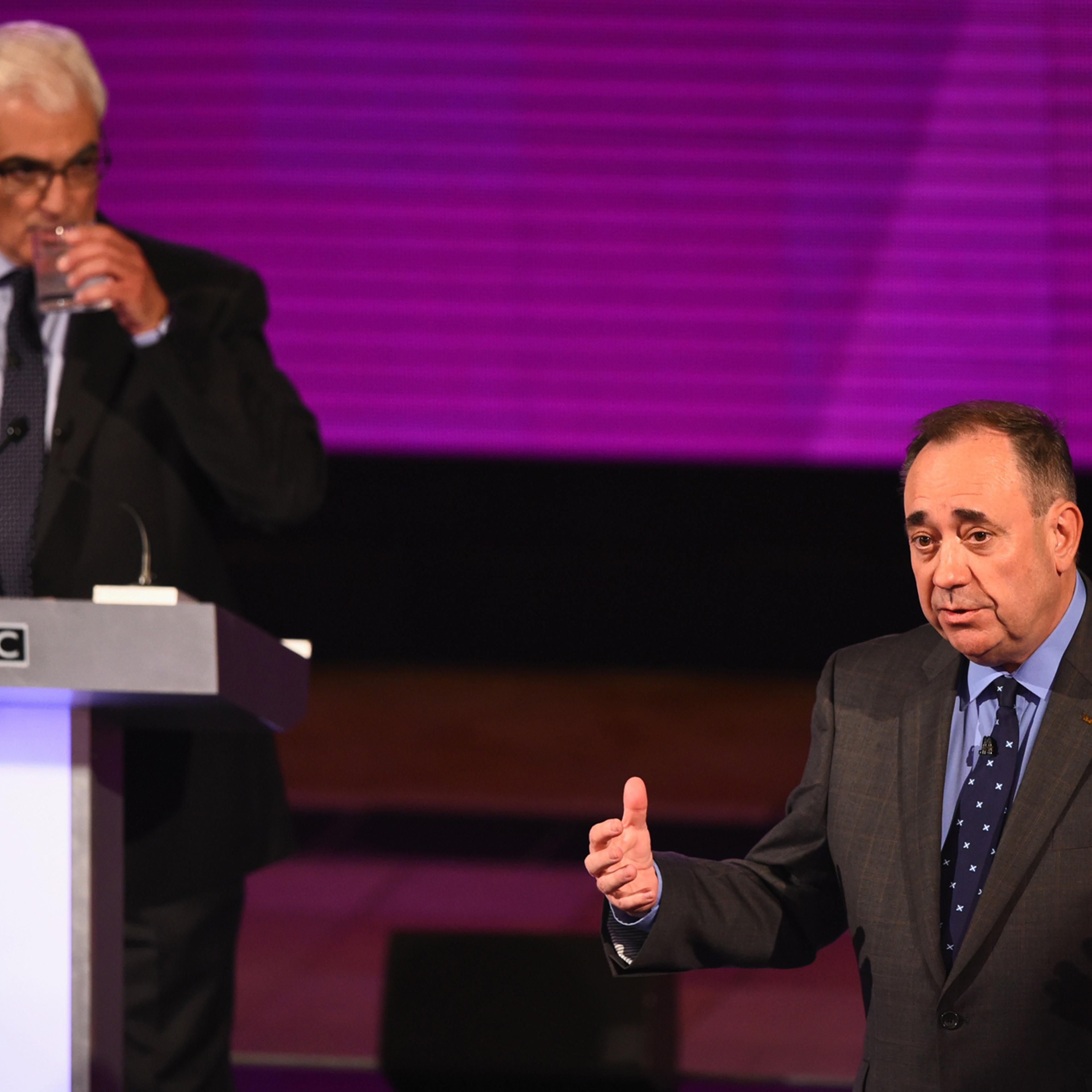 Alex Salmond, First Minister of Scotland and Alistair Darling, chairman of Better Together, take part in a live television debate by the BBC in the Kelvingrove Art Galleries on Aug. 25, 2014 in Glasgow, Scotland.