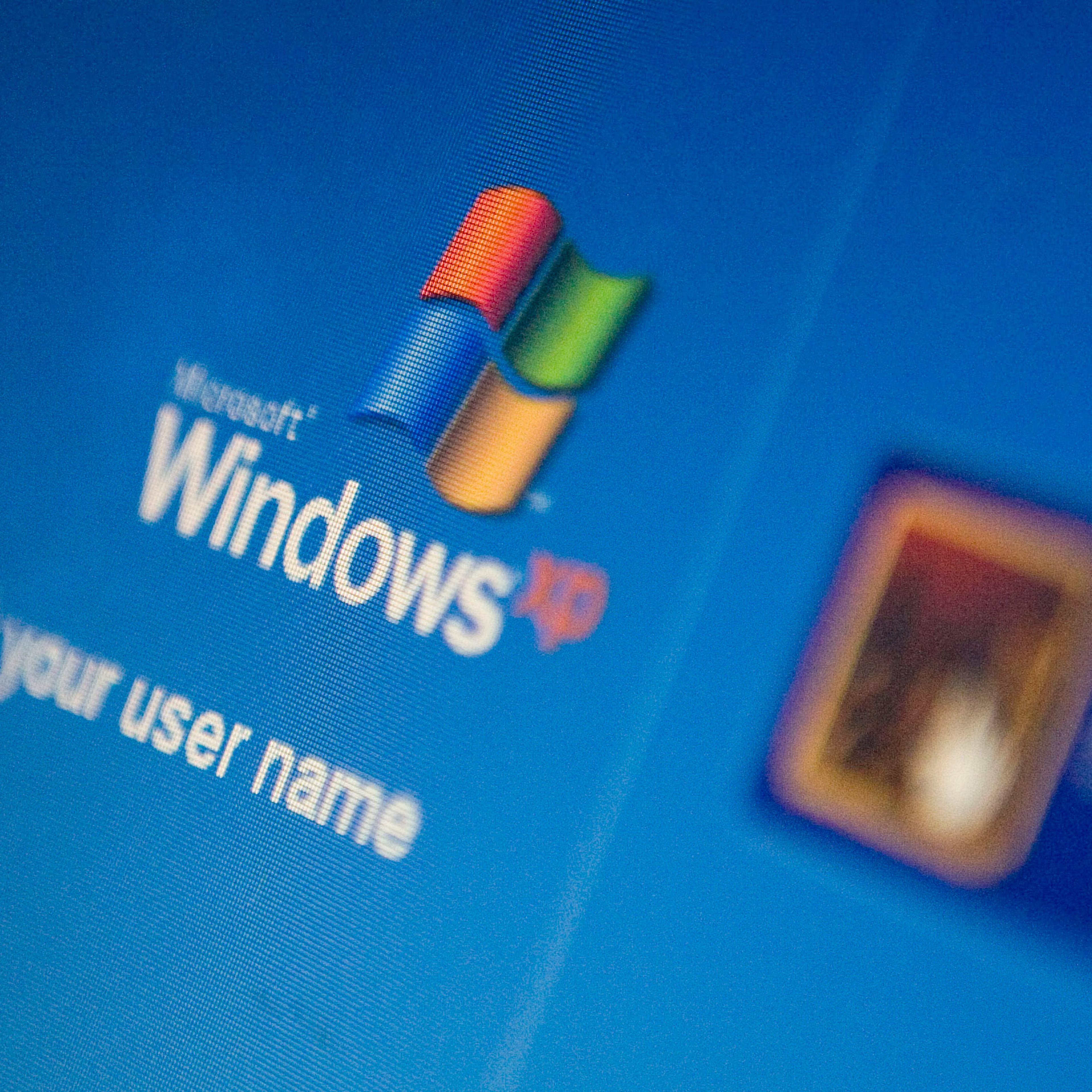 The Microsoft Windows XP log-in screen is displayed on a lap